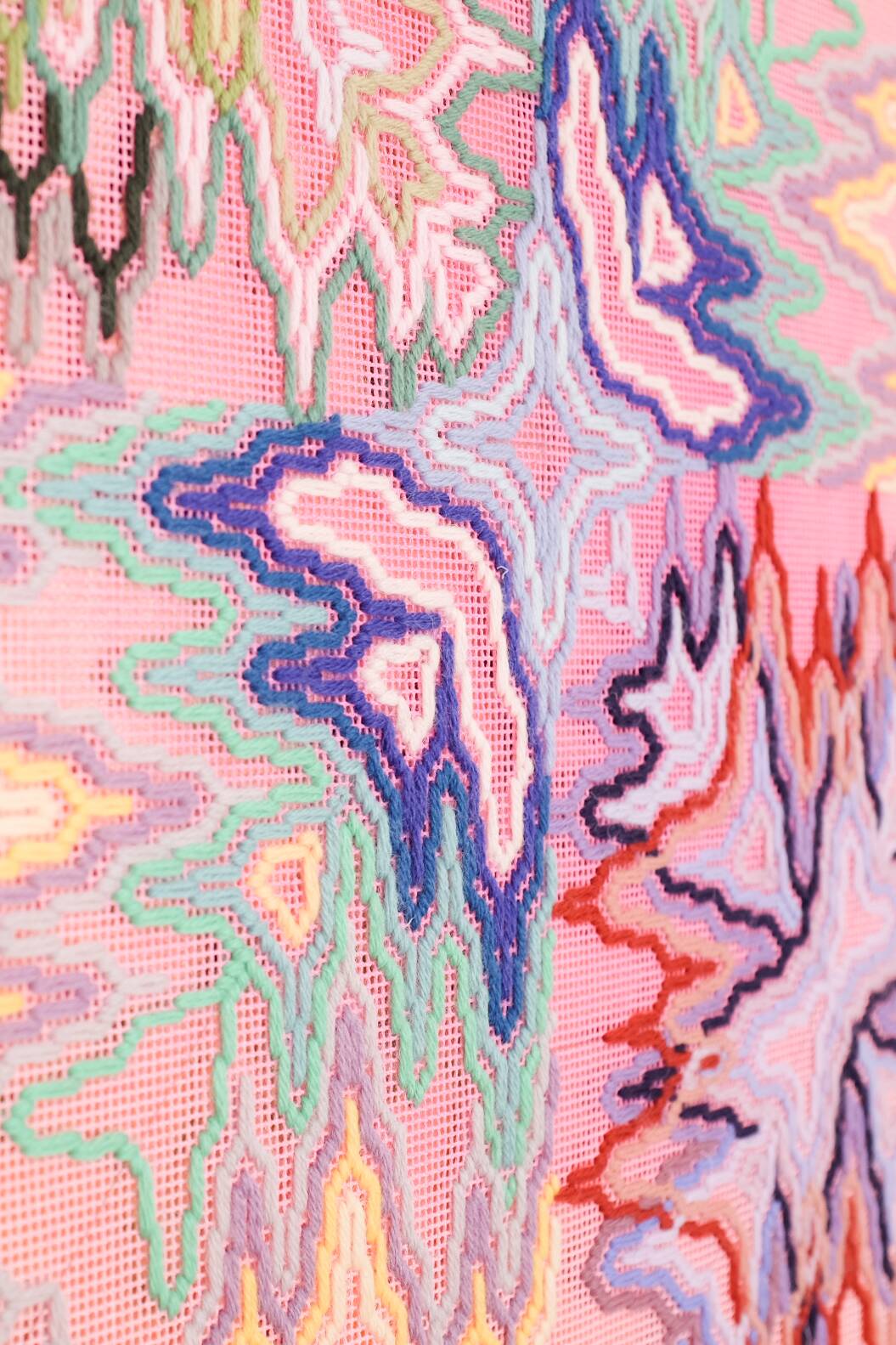 A big bang (nature's synchronicity), Hand-embroidered wool yarn and acrylic paint on canvas over gilded panel, 2021