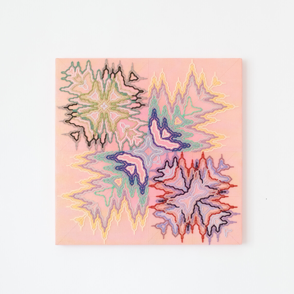 A big bang (nature's synchronicity), Hand-embroidered wool yarn and acrylic paint on canvas over gilded panel, 2021