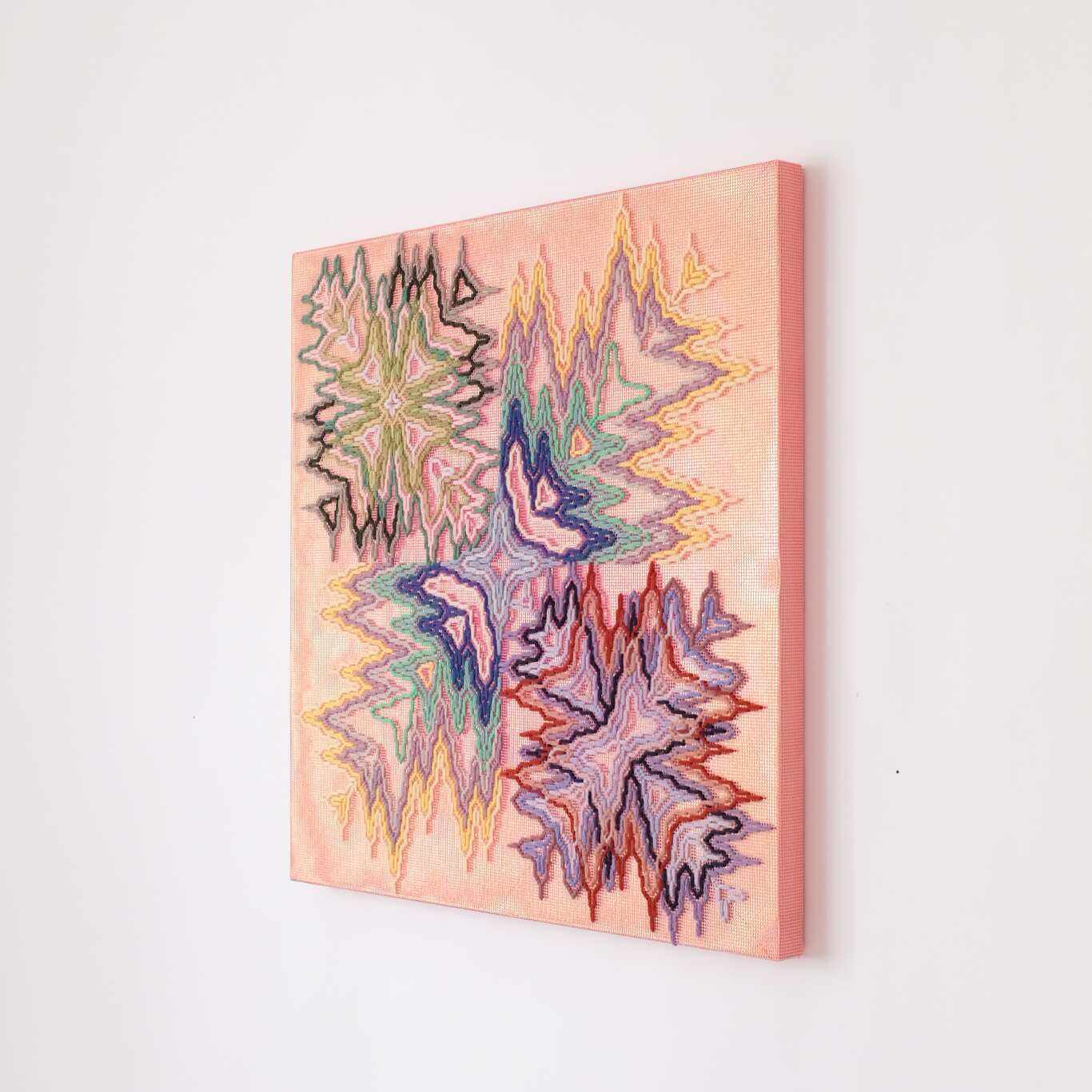 A big bang (nature's synchronicity), Hand-embroidered wool yarn and acrylic paint on canvas over gilded panel, 2021