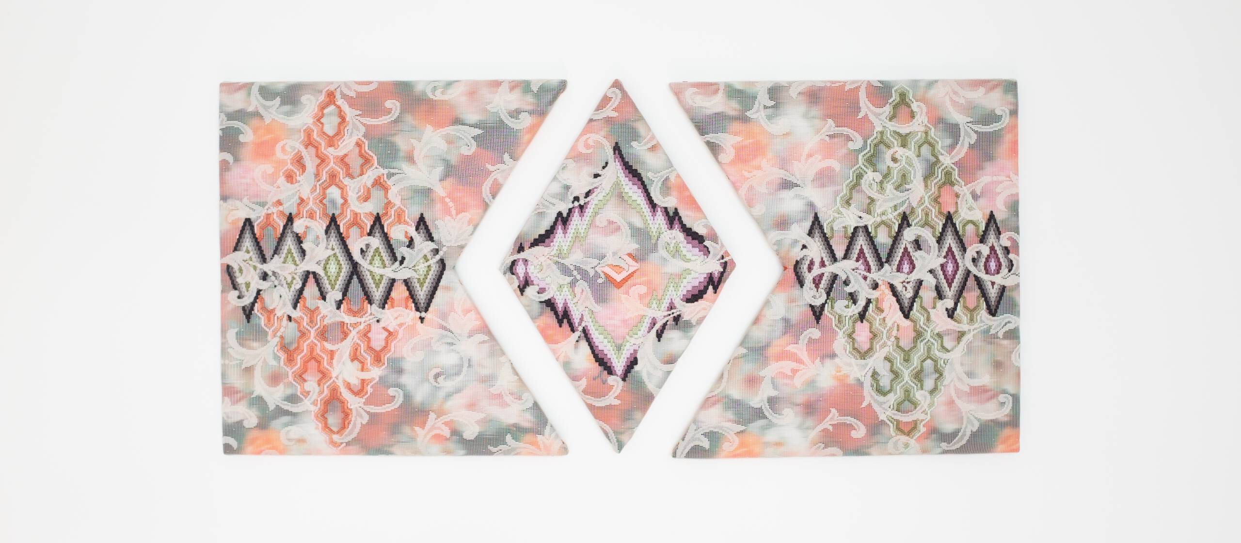 A certain slant of light (labyrinthine pathways of diamonds) [triptych], Hand-embroidered silk on lace over cotton fabric, 2020