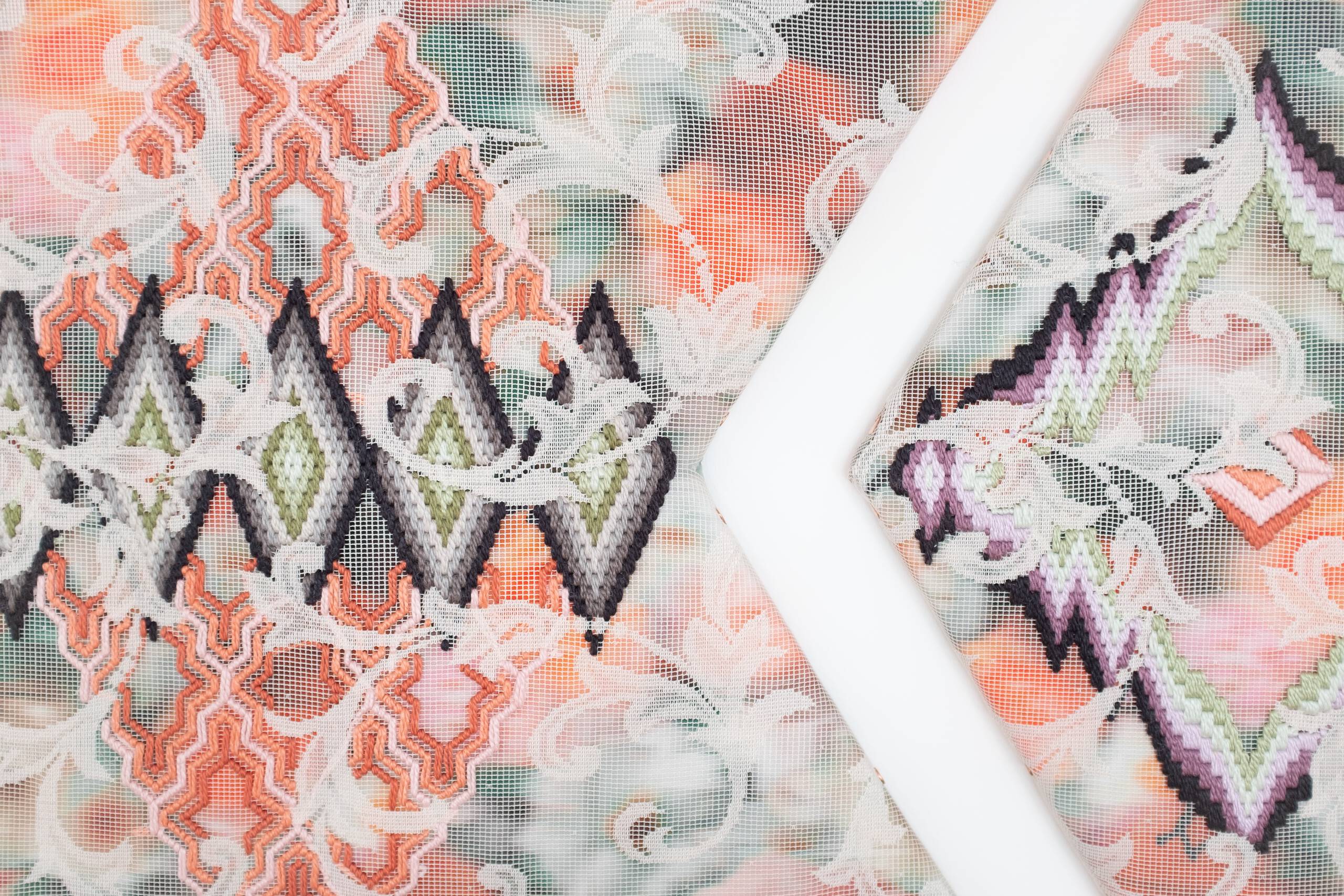 A certain slant of light (labyrinthine pathways of diamonds) [triptych], Hand-embroidered silk on lace over cotton fabric, 2020