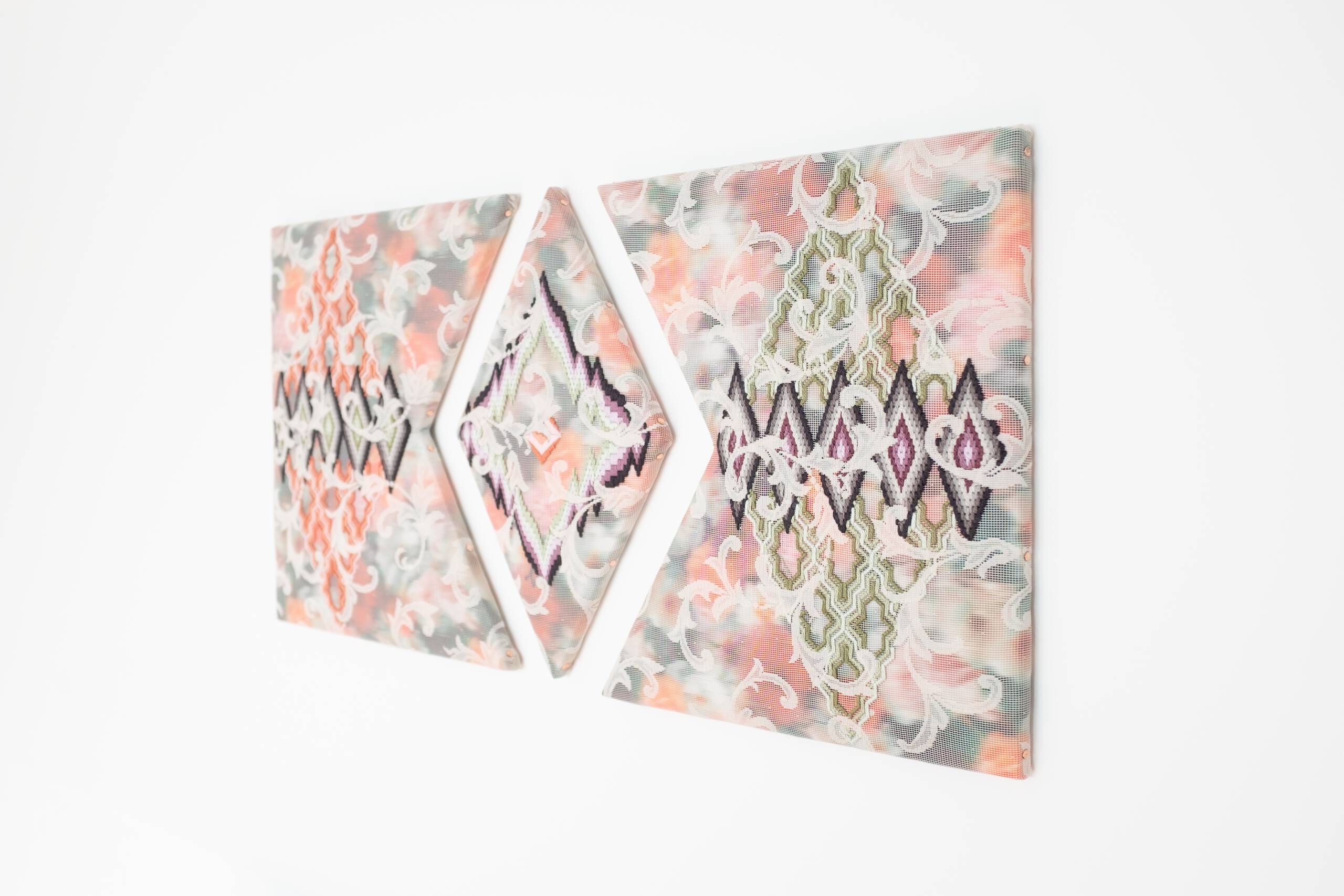 A certain slant of light (labyrinthine pathways of diamonds) [triptych], Hand-embroidered silk on lace over cotton fabric, 2020