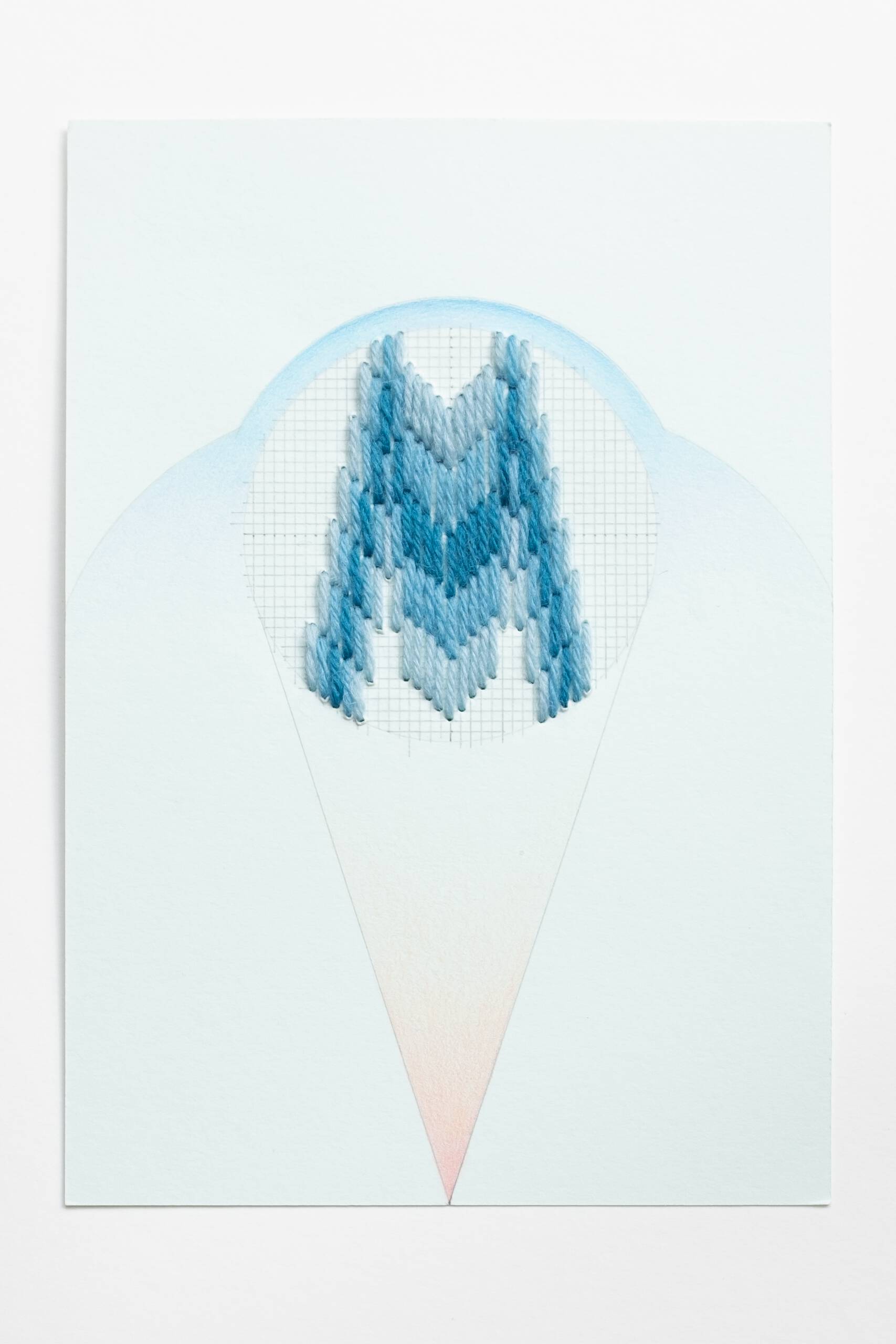 Bargello circle [blue on blue-green], Hand-embroidered wool, pencil and colored pencil on paper, 2020