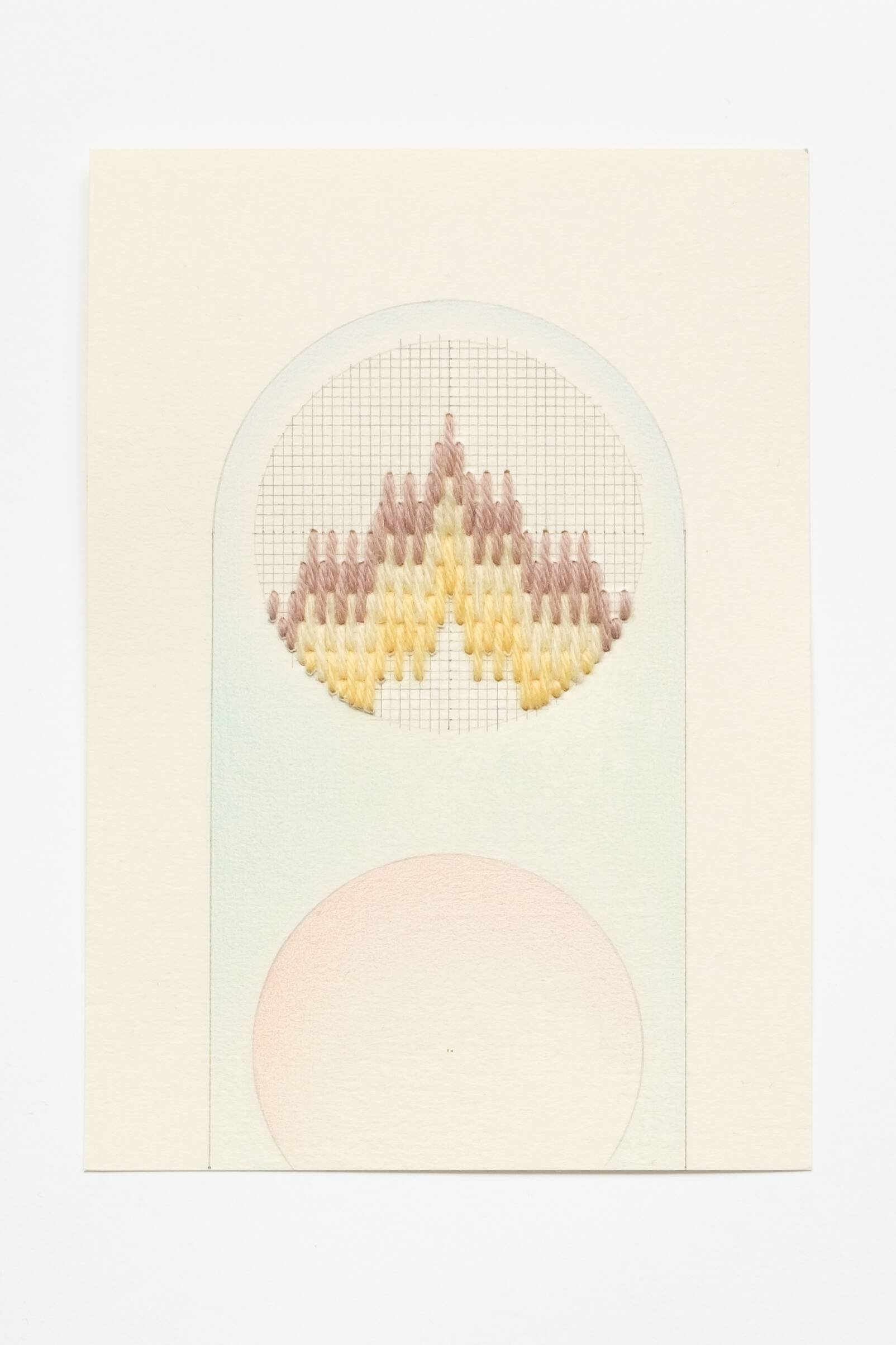Bargello circle [brown-yellow on yellow], Hand-embroidered wool, pencil and colored pencil on paper, 2020