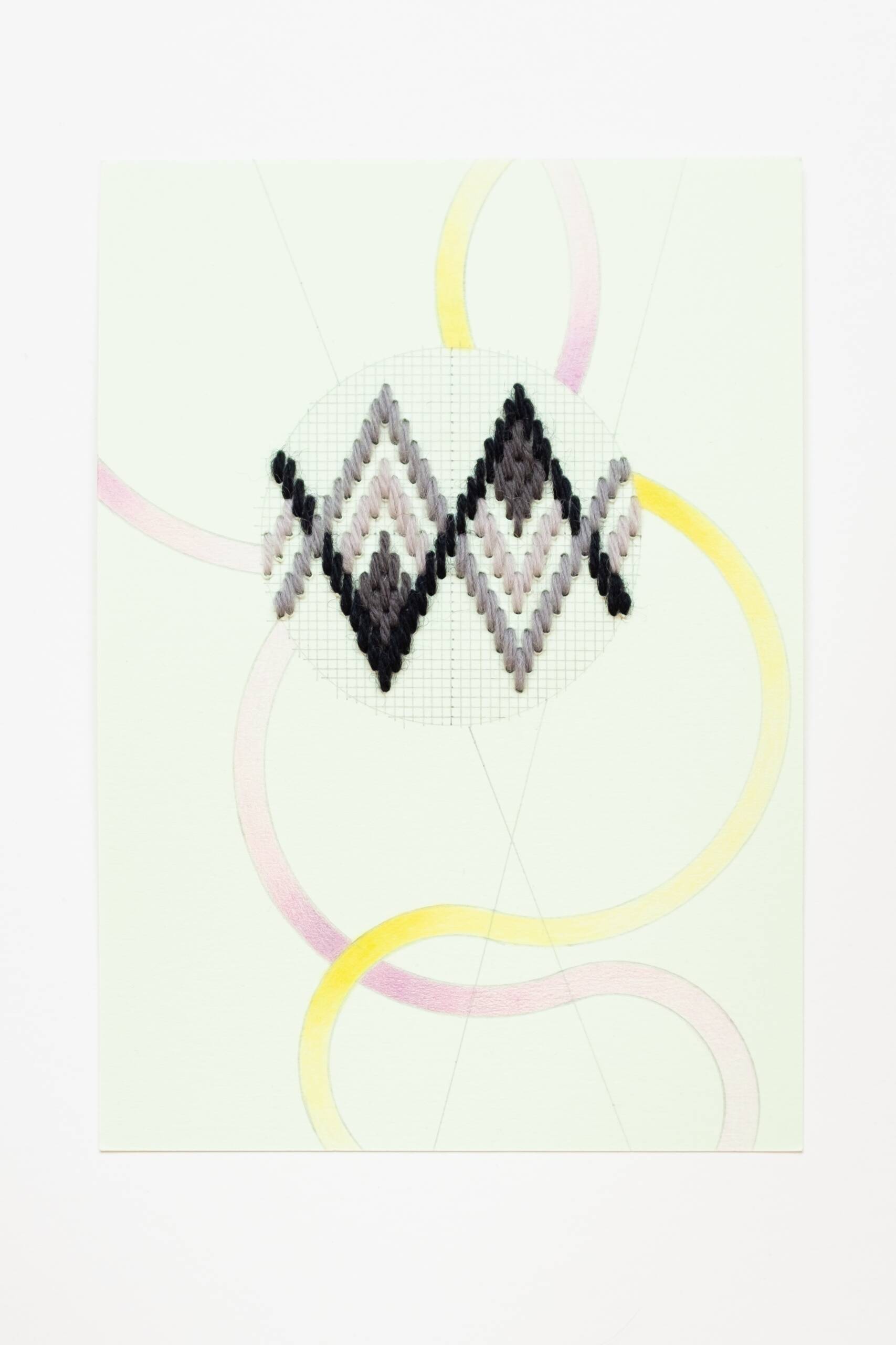 Bargello circle [grey on green], Hand-embroidered wool thread, pencil and colored pencil on 220 gsm paper, 2020