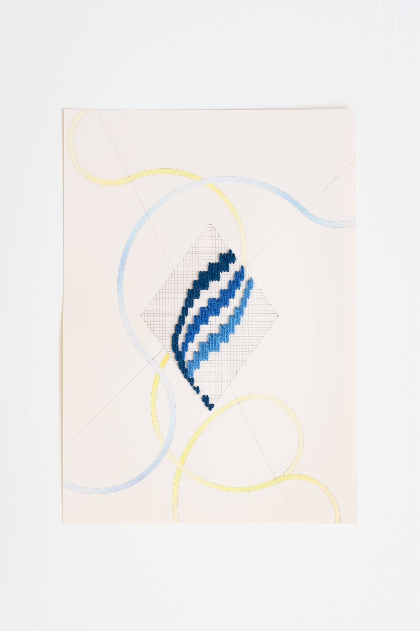 Bargello diamond [blue on peach], Hand-embroidered wool yarn, pencil and colored pencil on 170 gsm paper, 2021