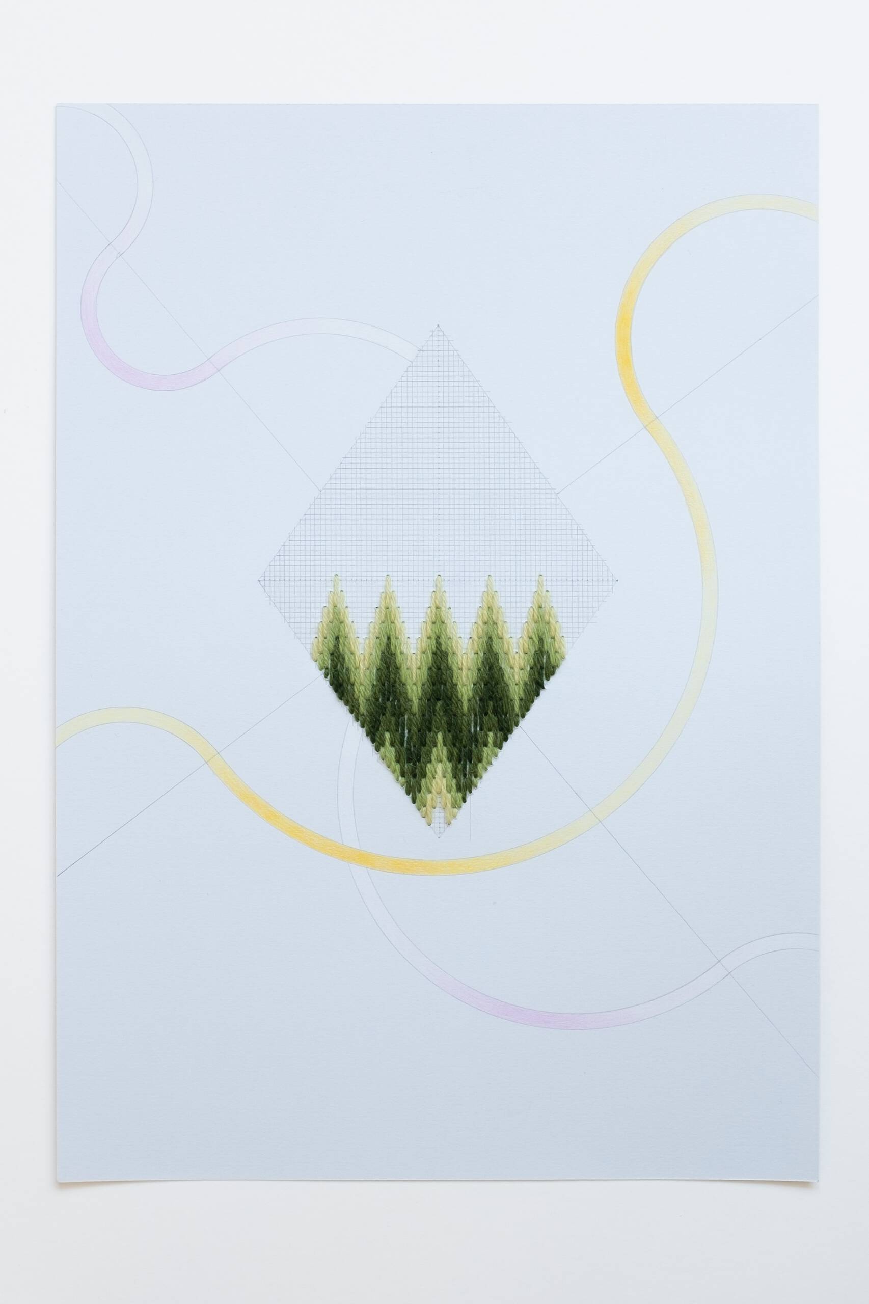 Bargello diamond [yellow-green on grey], Hand-embroidered wool, pencil and colored pencil on paper, 2020