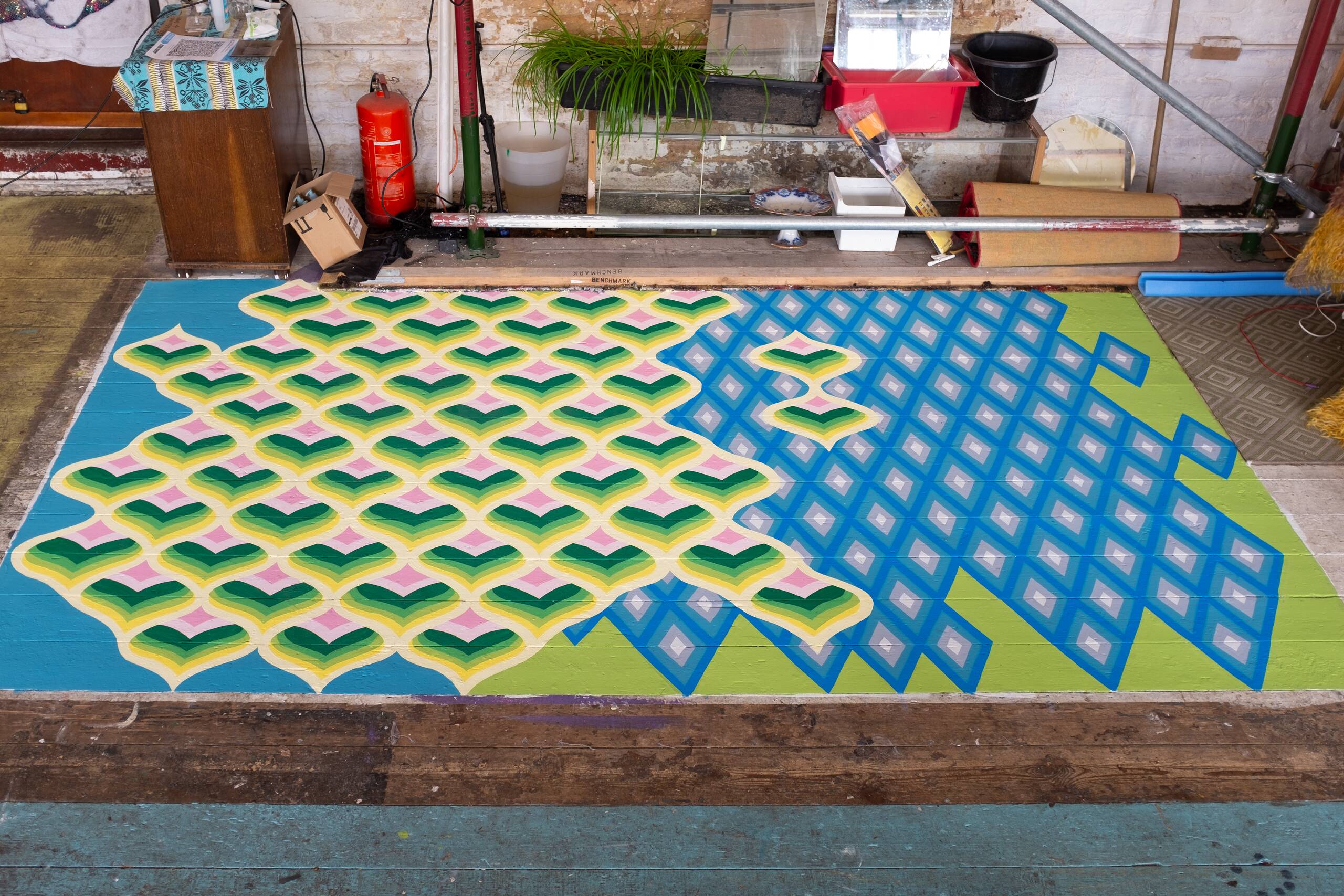 Bargello floor painting [green hearts and blue diamonds], House paint on floor, 2020