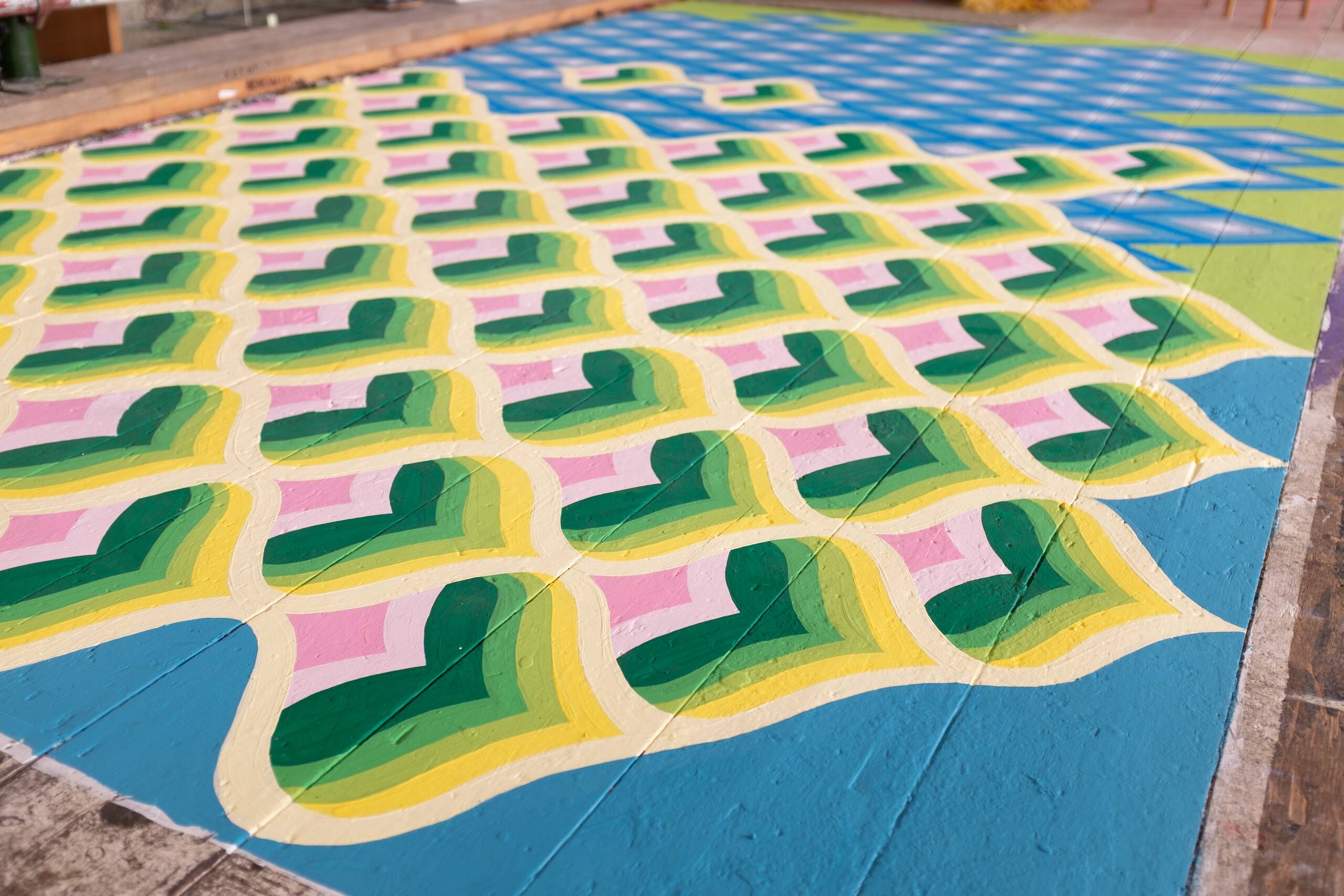 Bargello floor painting [green hearts and blue diamonds], House paint on floor, 2020