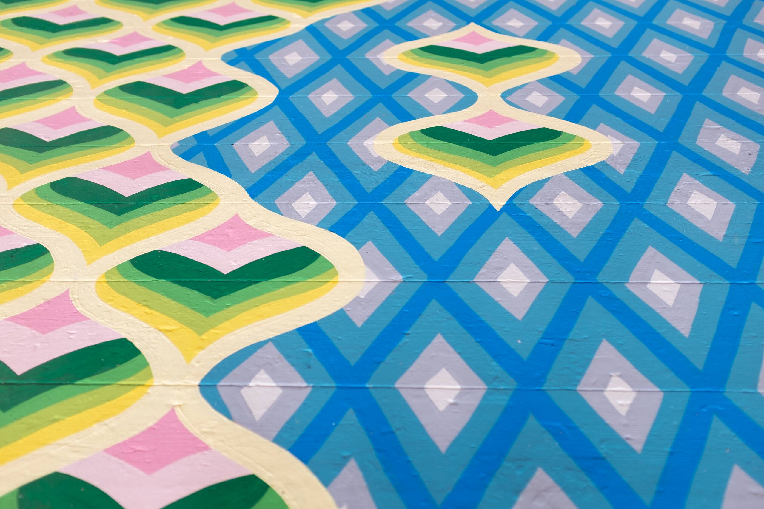 Bargello floor painting [green hearts and blue diamonds], House paint on floor, 2020