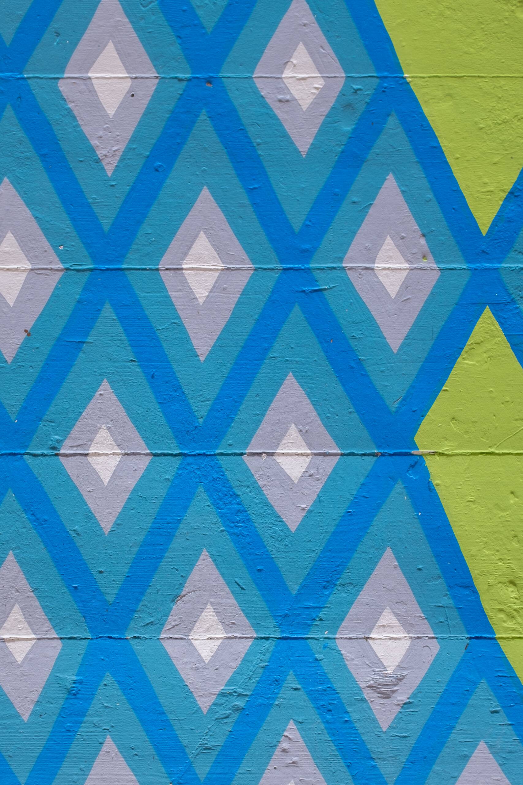 Bargello floor painting [green hearts and blue diamonds], House paint on floor, 2020