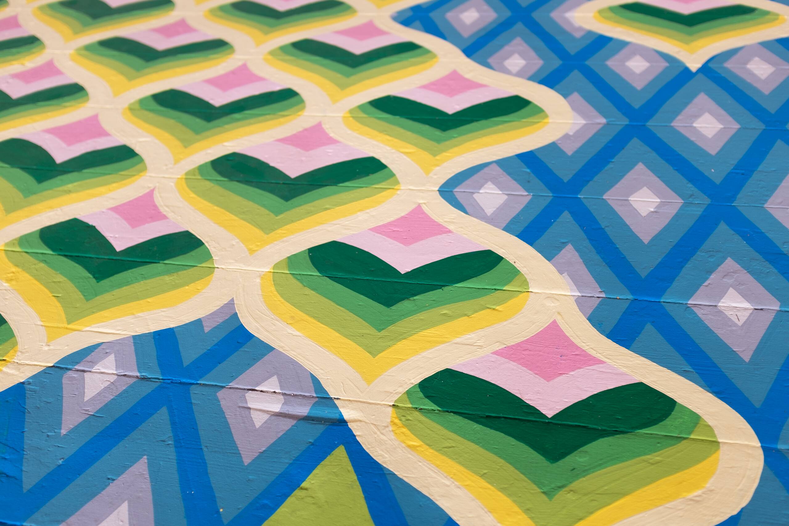 Bargello floor painting [green hearts and blue diamonds], House paint on floor, 2020