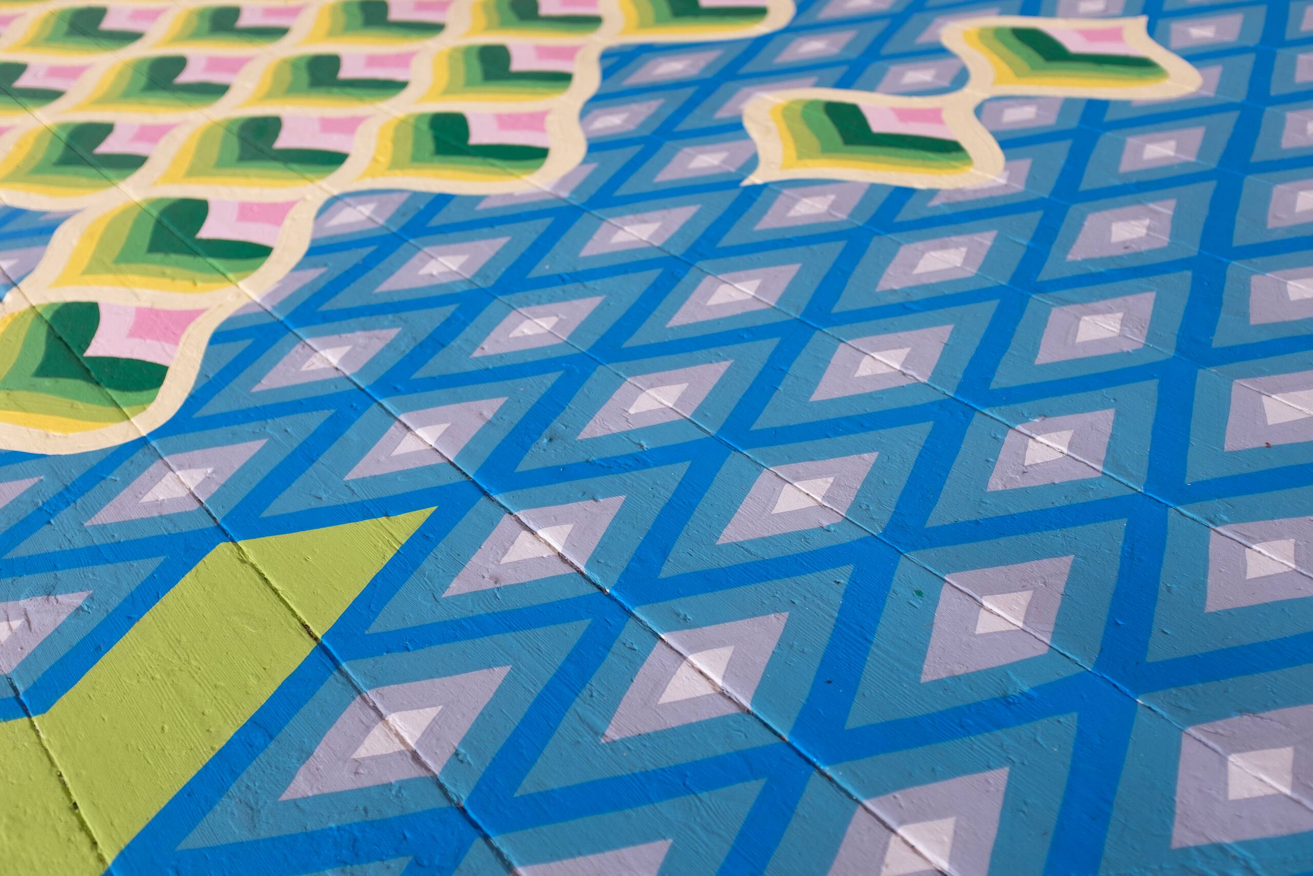 Bargello floor painting [green hearts and blue diamonds], House paint on floor, 2020