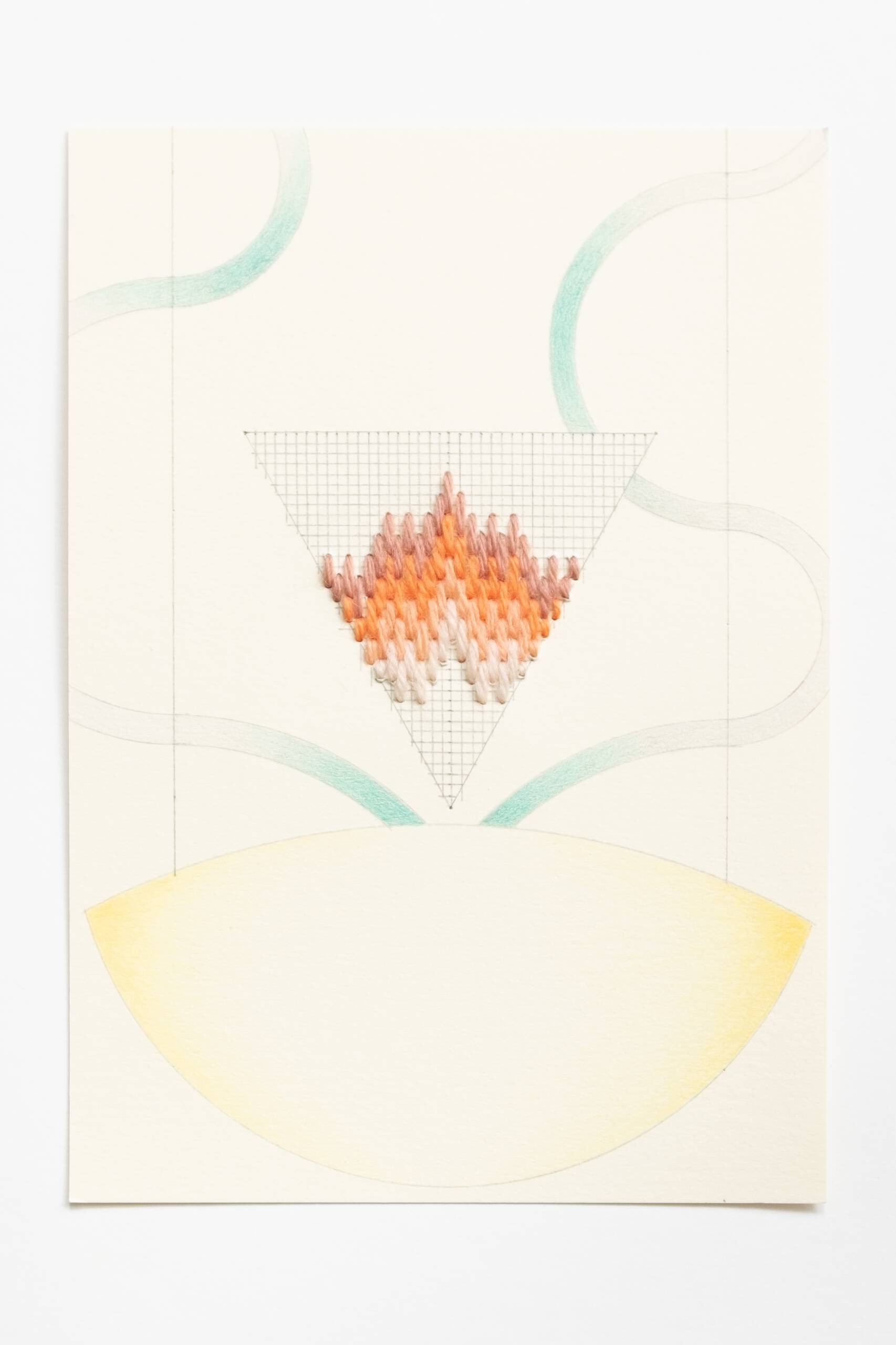 Bargello triangle [brown-peach on yellow], Hand-embroidered wool, pencil and colored pencil on paper, 2020