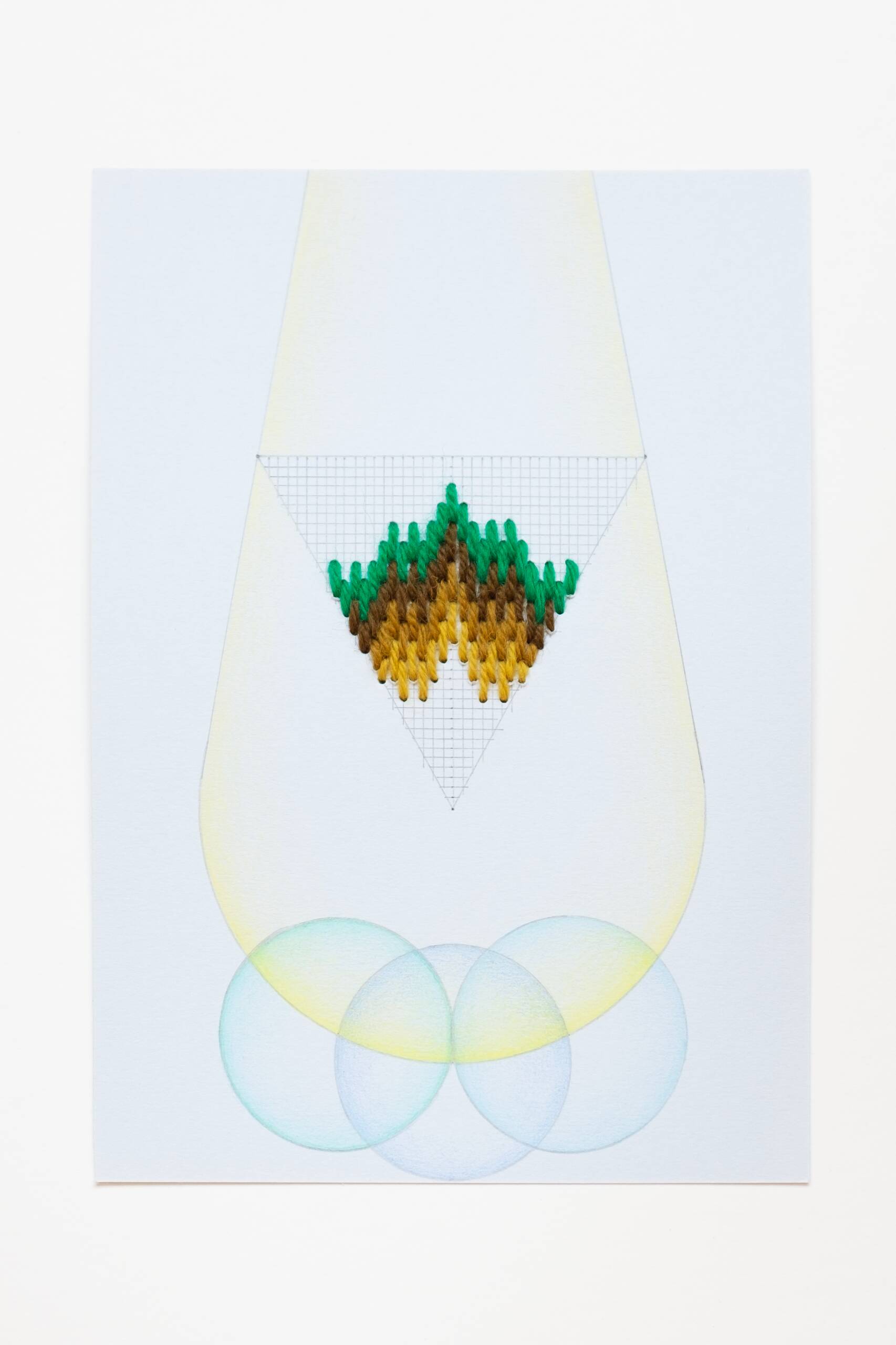 Bargello triangle [green-yellow on blue], Hand-embroidered wool thread, pencil and colored pencil on paper, 2020