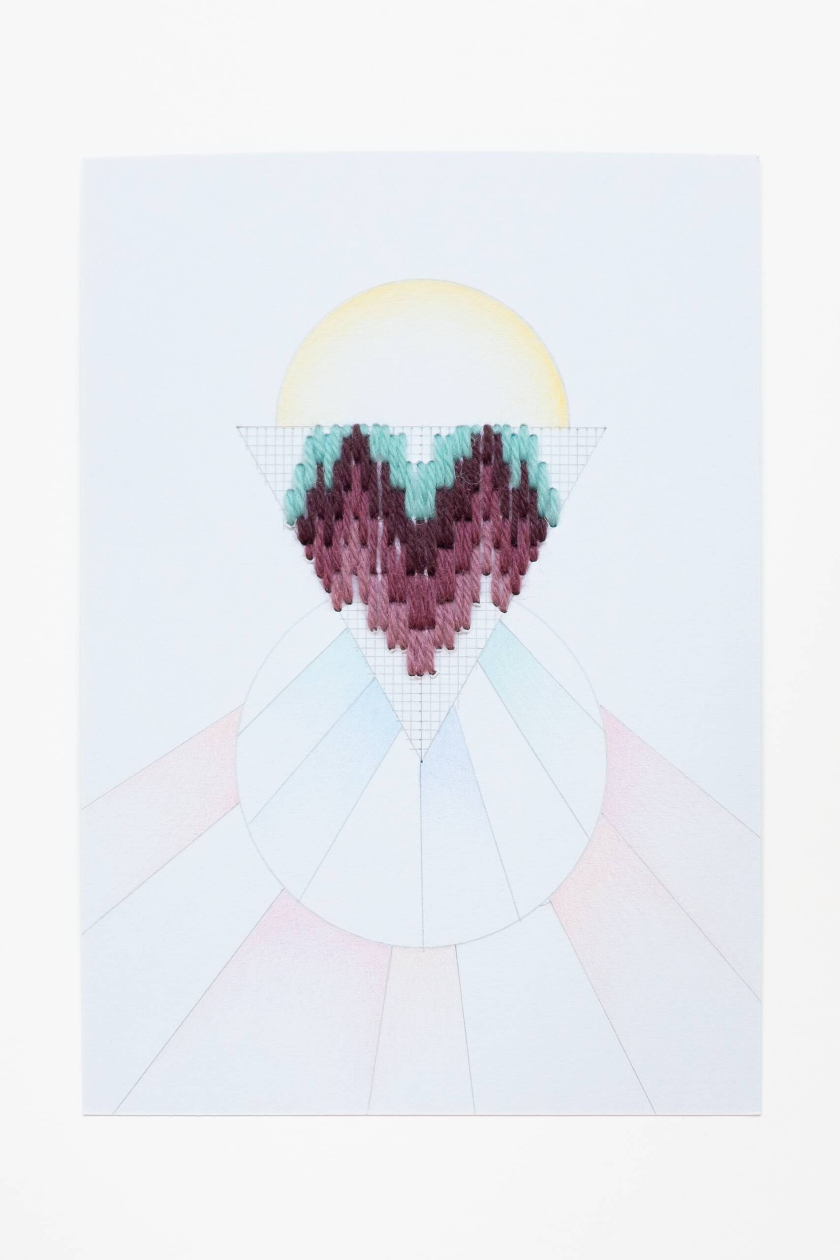 Bargello triangle [teal-maroon on blue], Hand-embroidered wool thread, pencil and colored pencil on paper, 2020