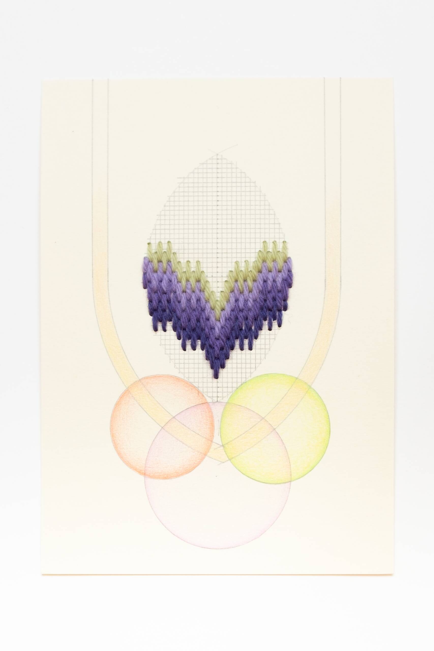 Bargello vesica piscis [green-purple on peach], Hand-embroidered wool thread, pencil and colored pencil on paper, 2020
