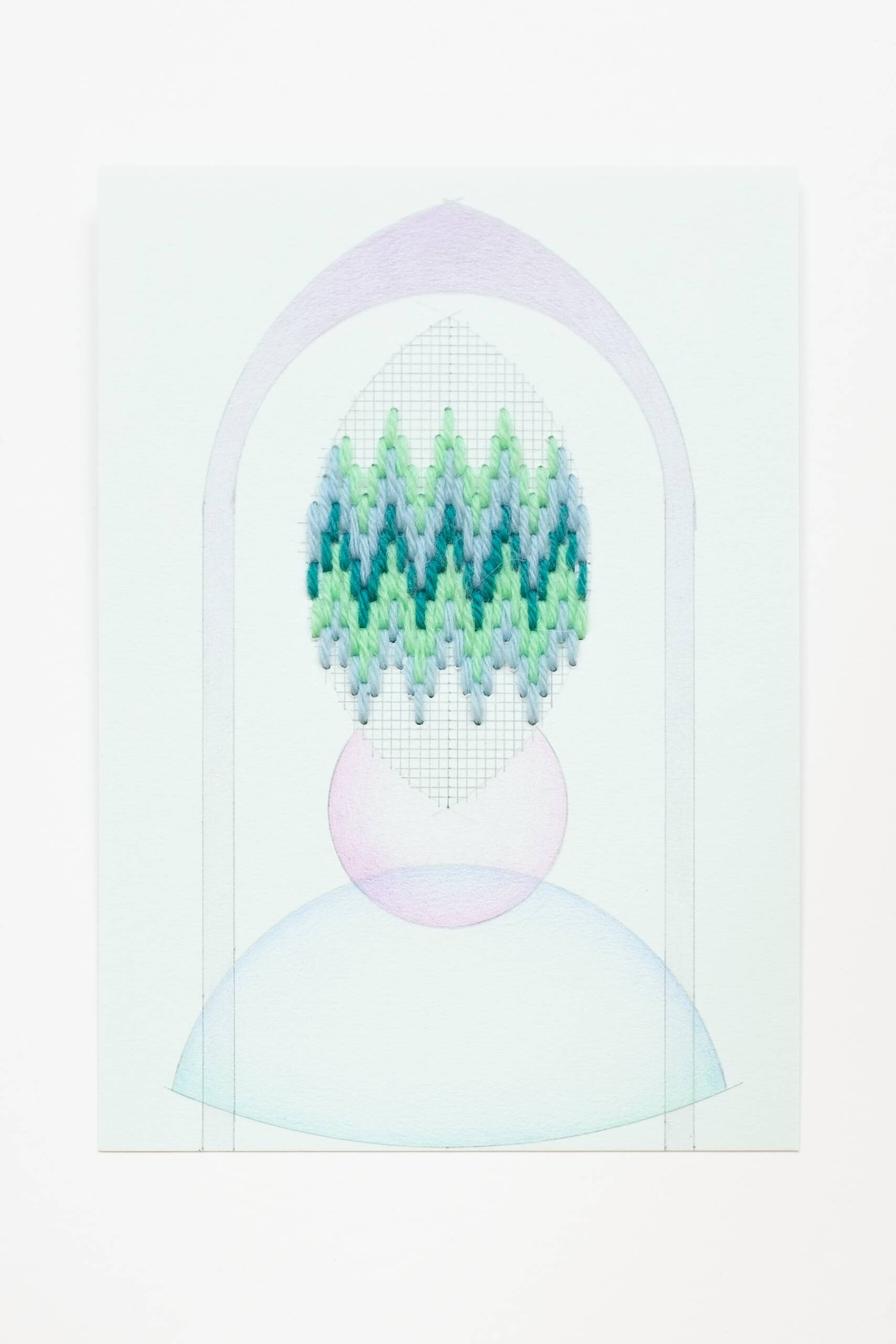 Bargello vesica piscis [blue-green on blue-green], Hand-embroidered wool thread, pencil and colored pencil on paper, 2020