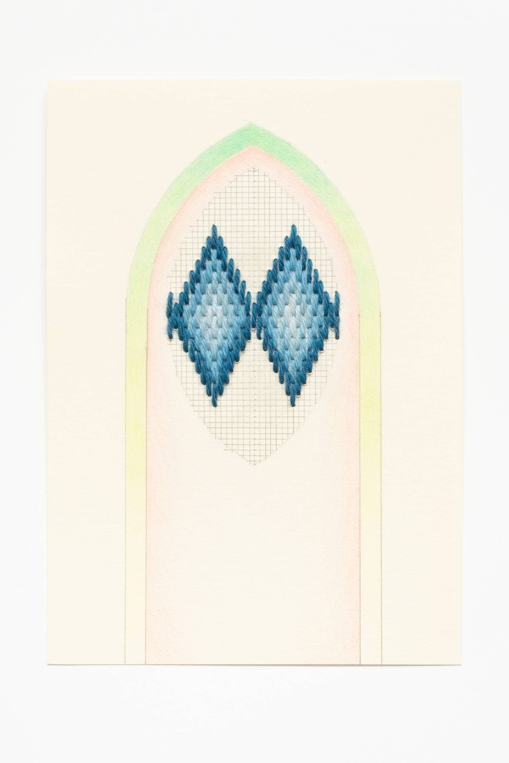 Bargello vesica piscis [blue on peach], Hand-embroidered wool, pencil and colored pencil on paper, 2020
