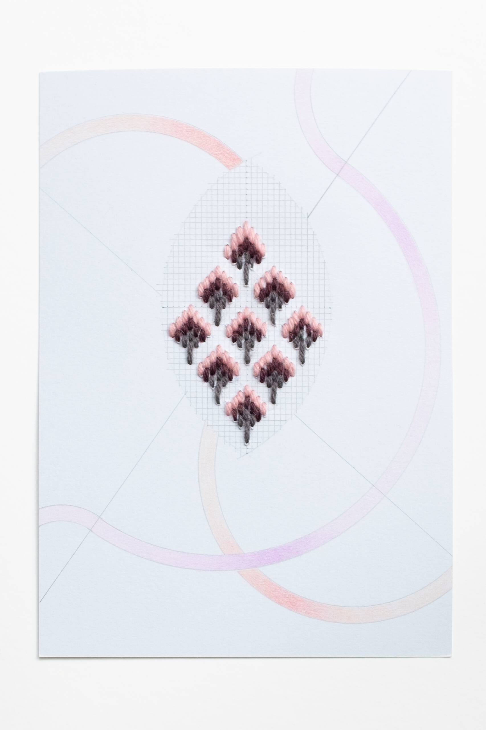 Bargello vesica piscis [pink-maroon-grey on blue], Hand-embroidered wool thread, pencil and colored pencil on paper, 2020