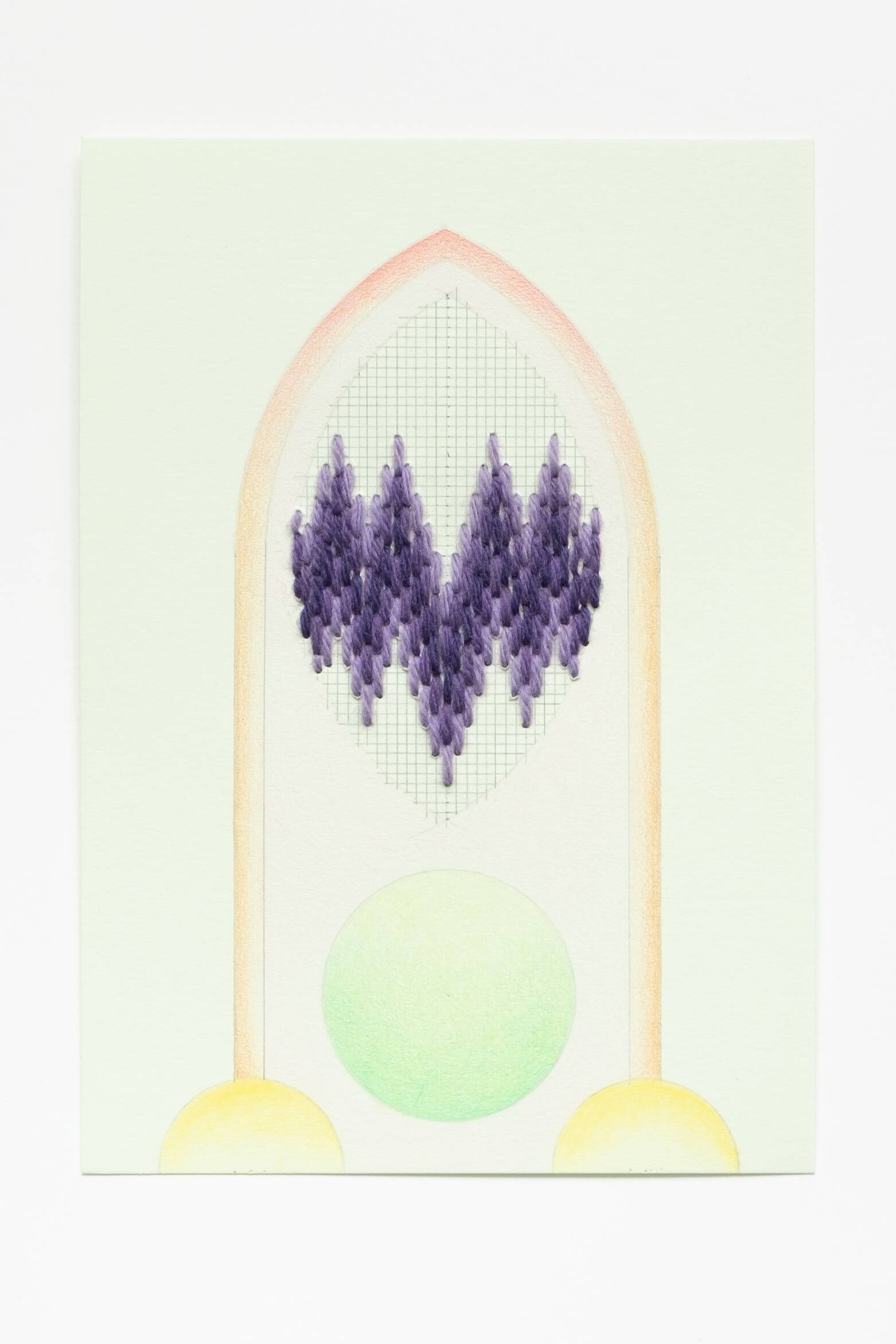 Bargello vesica piscis [purple on green], Hand-embroidered wool, pencil and colored pencil on paper, 2020