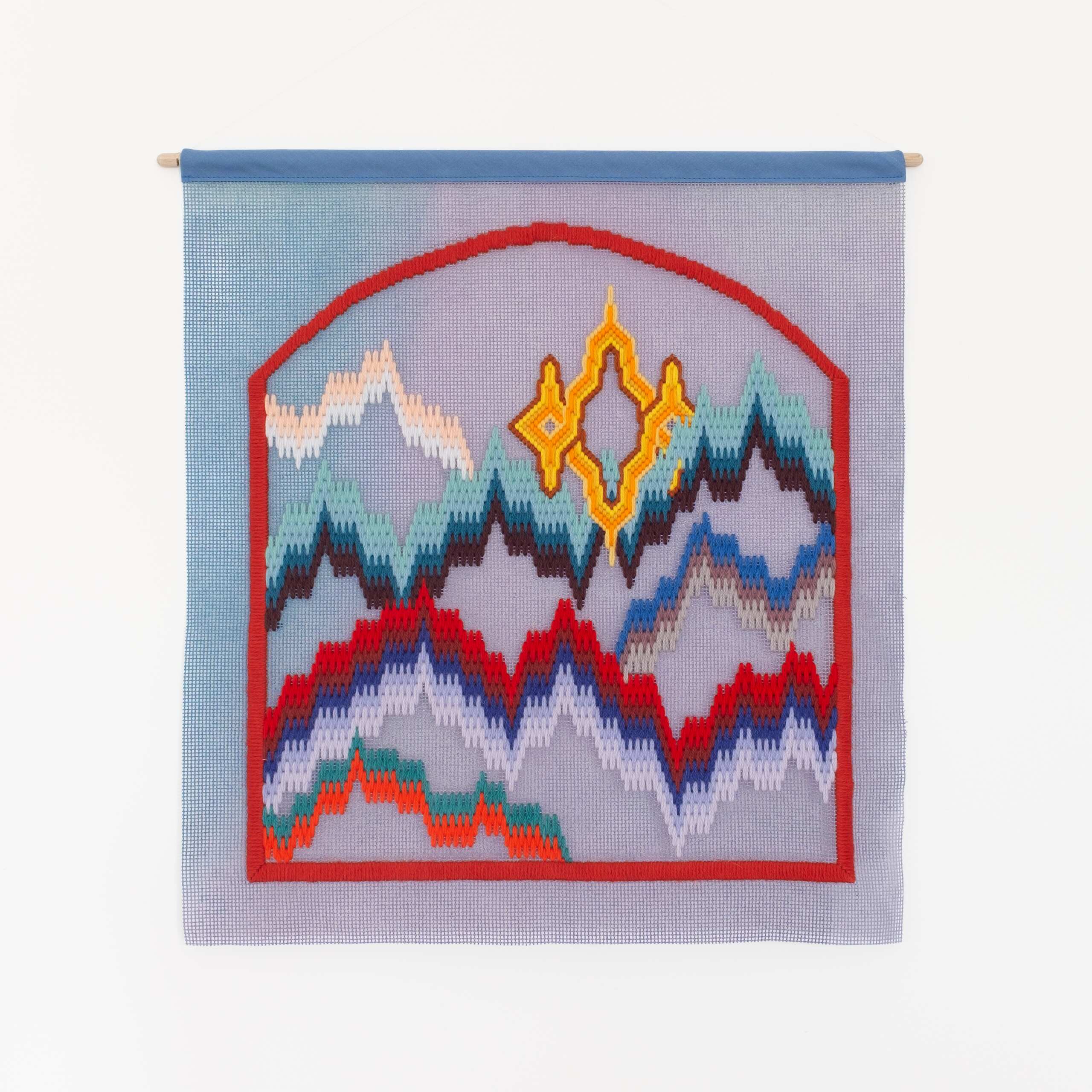 Bloomsbury (firescreen), Hand-embroidered wool yarn and acrylic paint on canvas, 2021