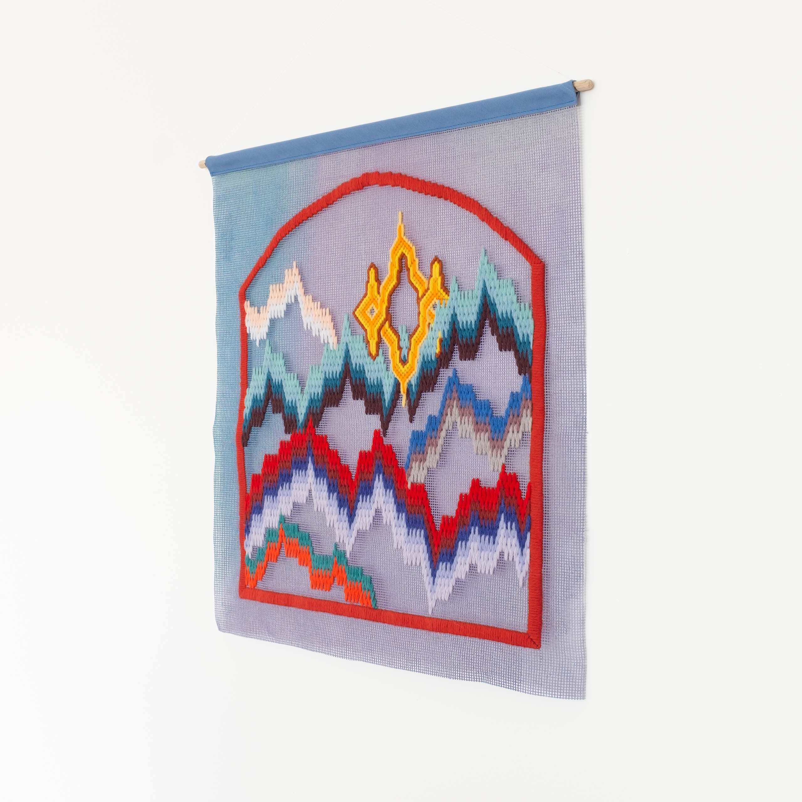 Bloomsbury (firescreen), Hand-embroidered wool yarn and acrylic paint on canvas, 2021