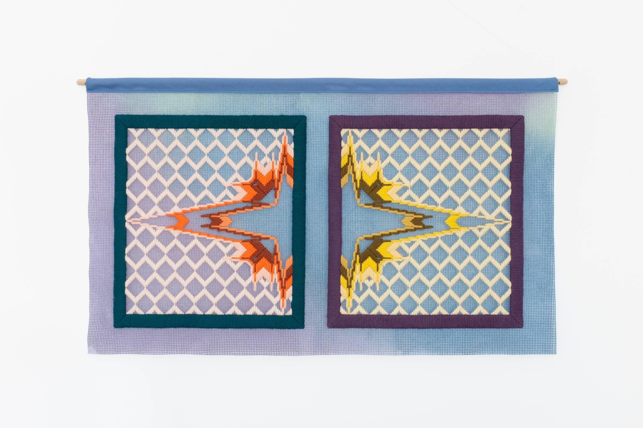 Bloomsbury (footstools), Hand-embroidered wool yarn and acrylic paint on canvas, 2021