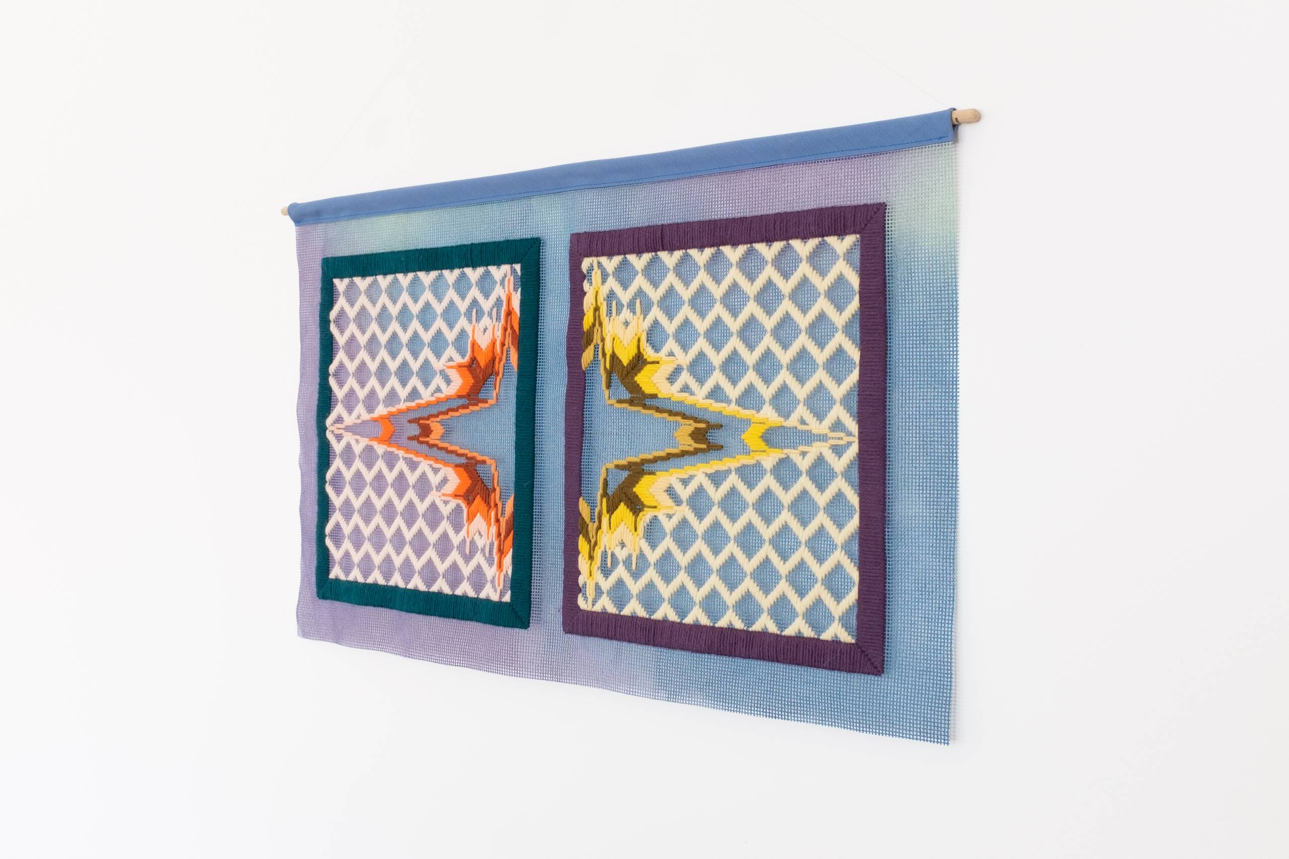 Bloomsbury (footstools), Hand-embroidered wool yarn and acrylic paint on canvas, 2021