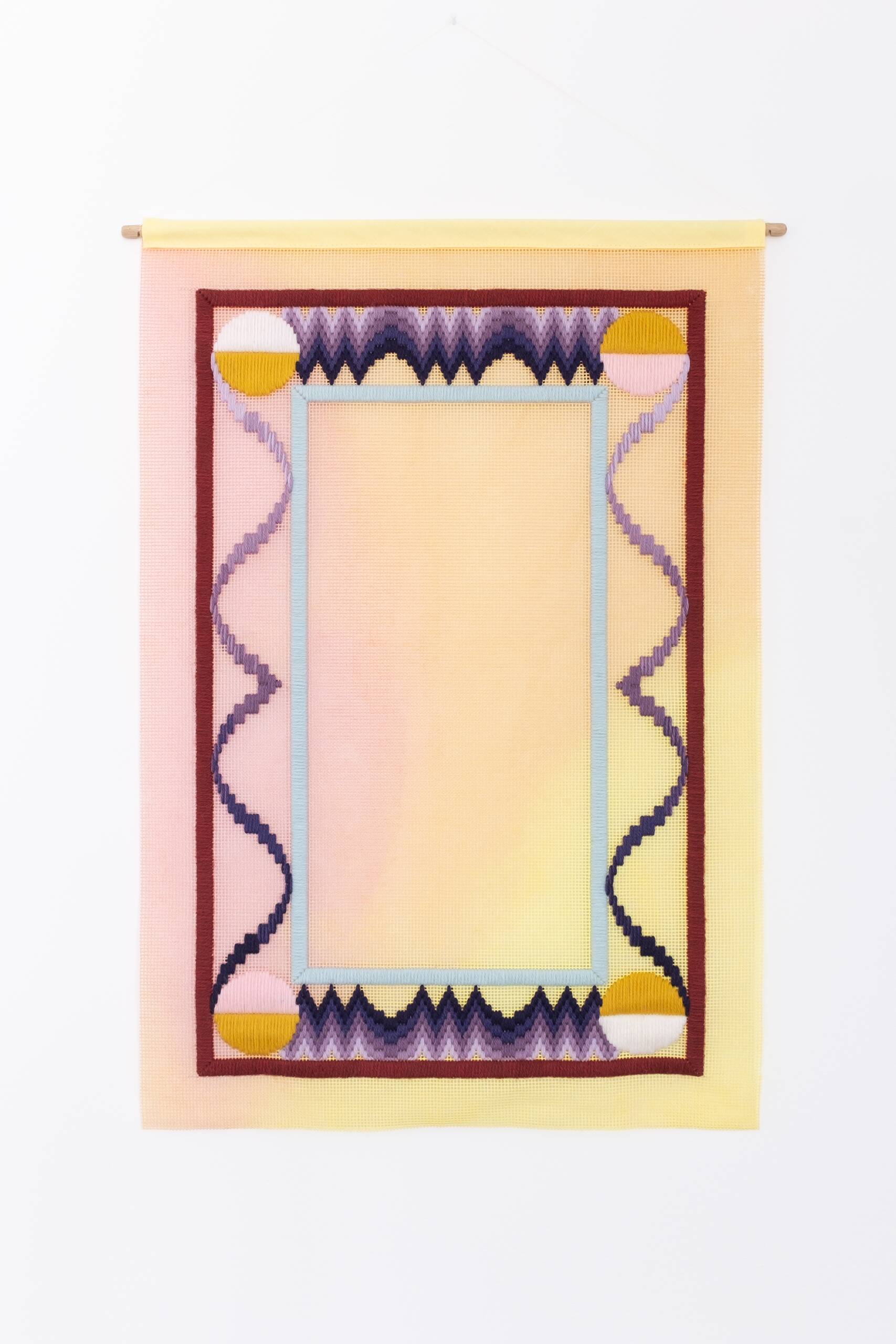 Bloomsbury (mirror), Hand-embroidered wool yarn and acrylic paint on canvas, 2021