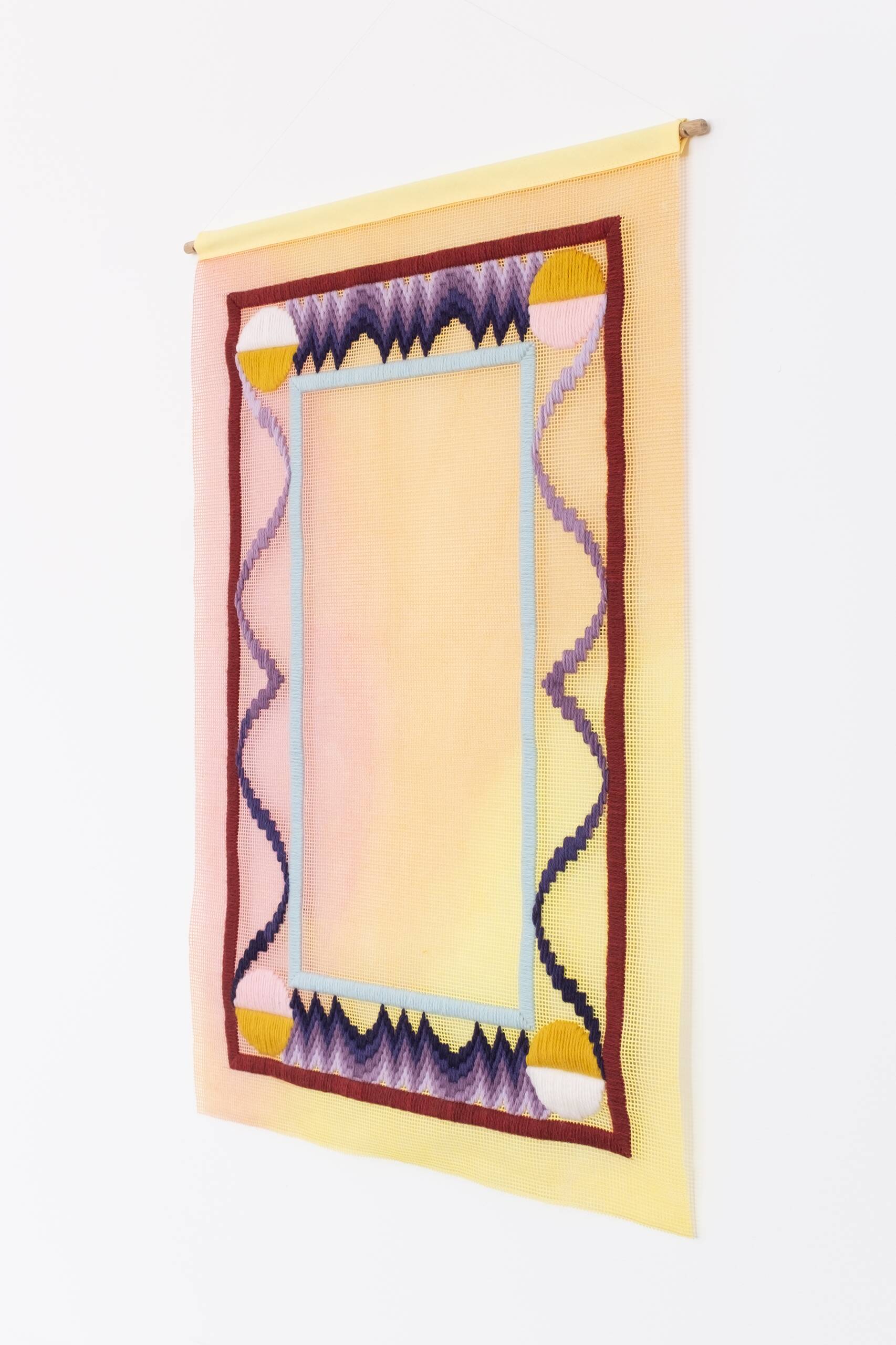 Bloomsbury (mirror), Hand-embroidered wool yarn and acrylic paint on canvas, 2021