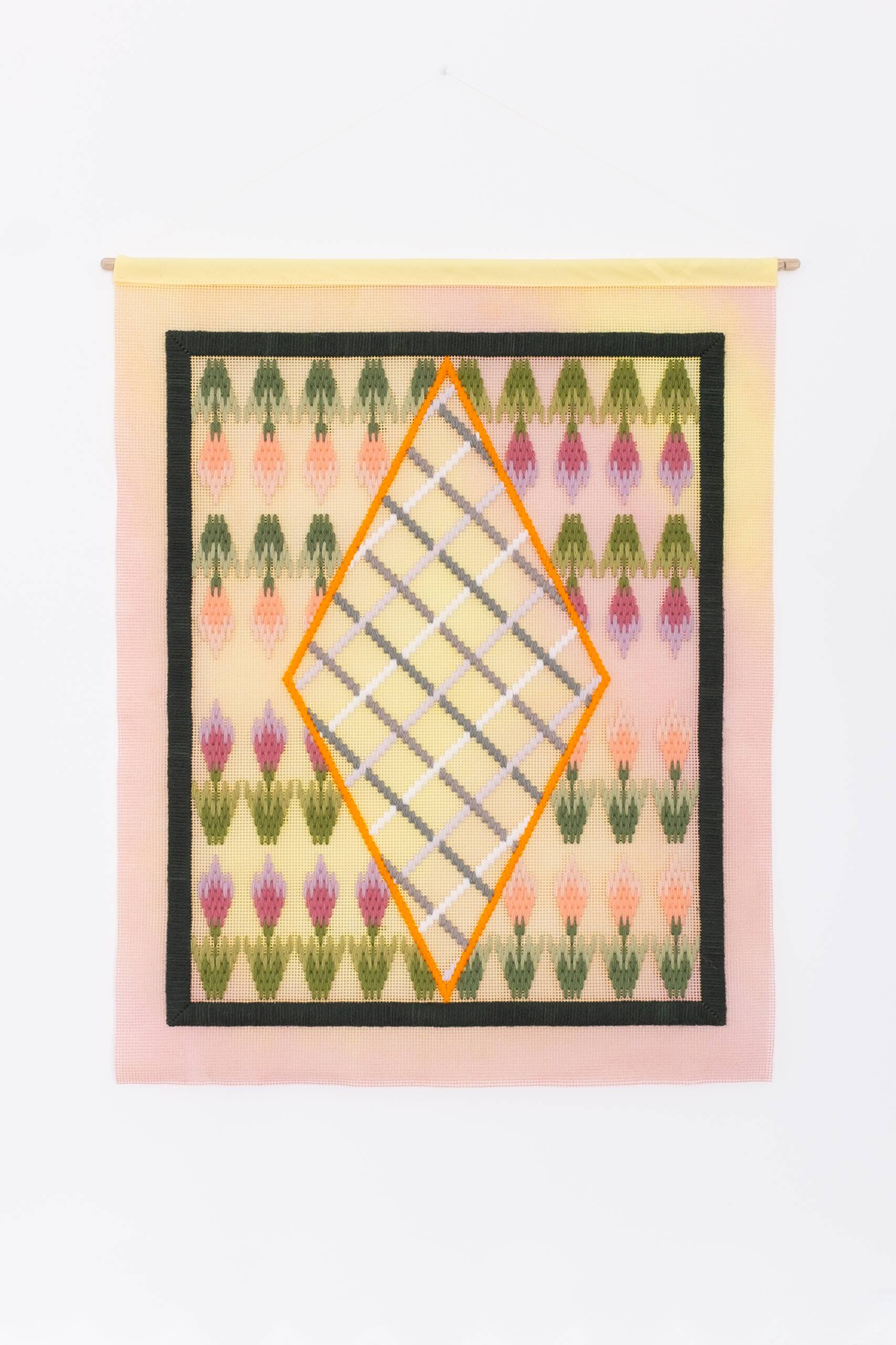Bloomsbury (pillow), Hand-embroidered wool yarn and acrylic paint on canvas, 2021