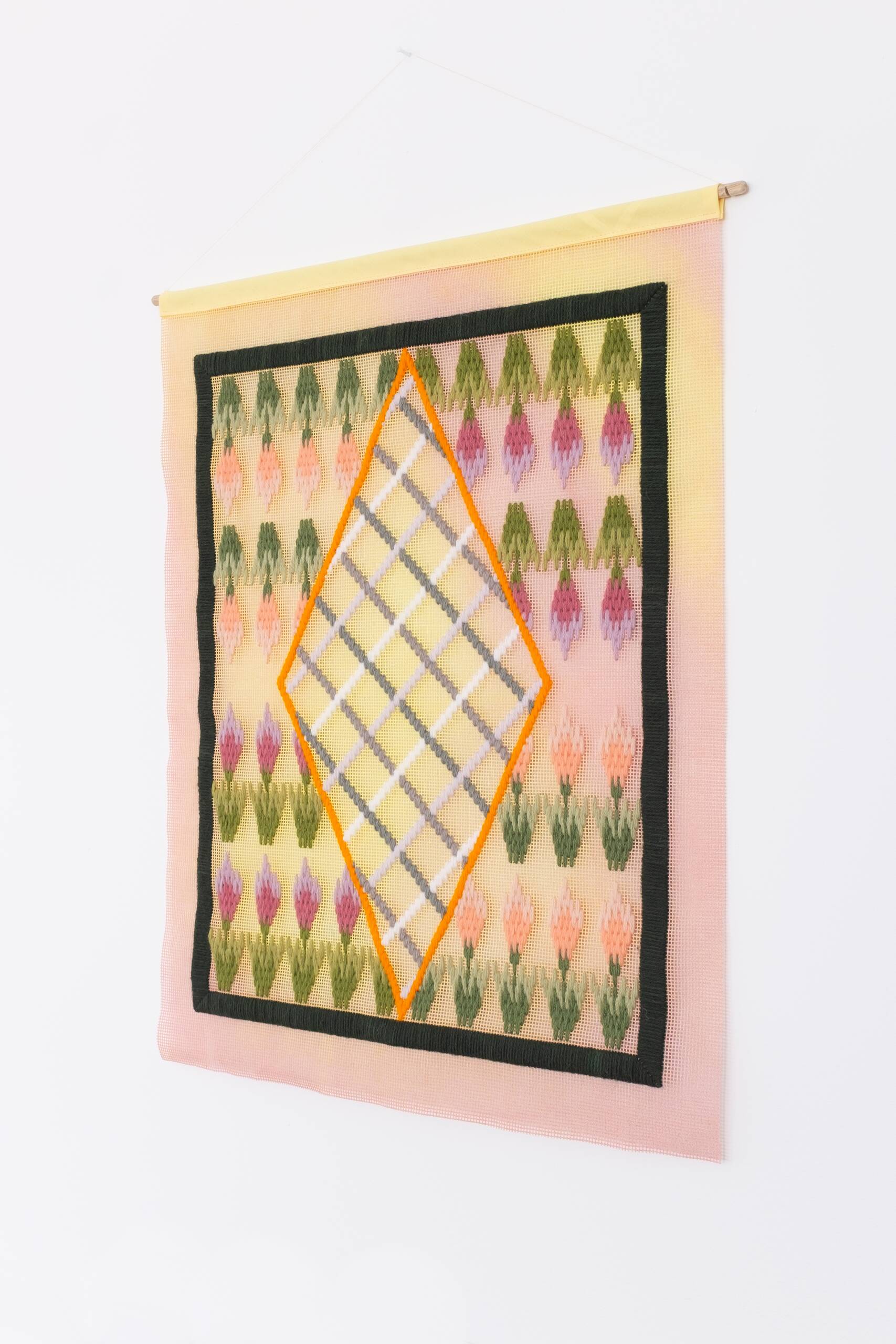 Bloomsbury (pillow), Hand-embroidered wool yarn and acrylic paint on canvas, 2021