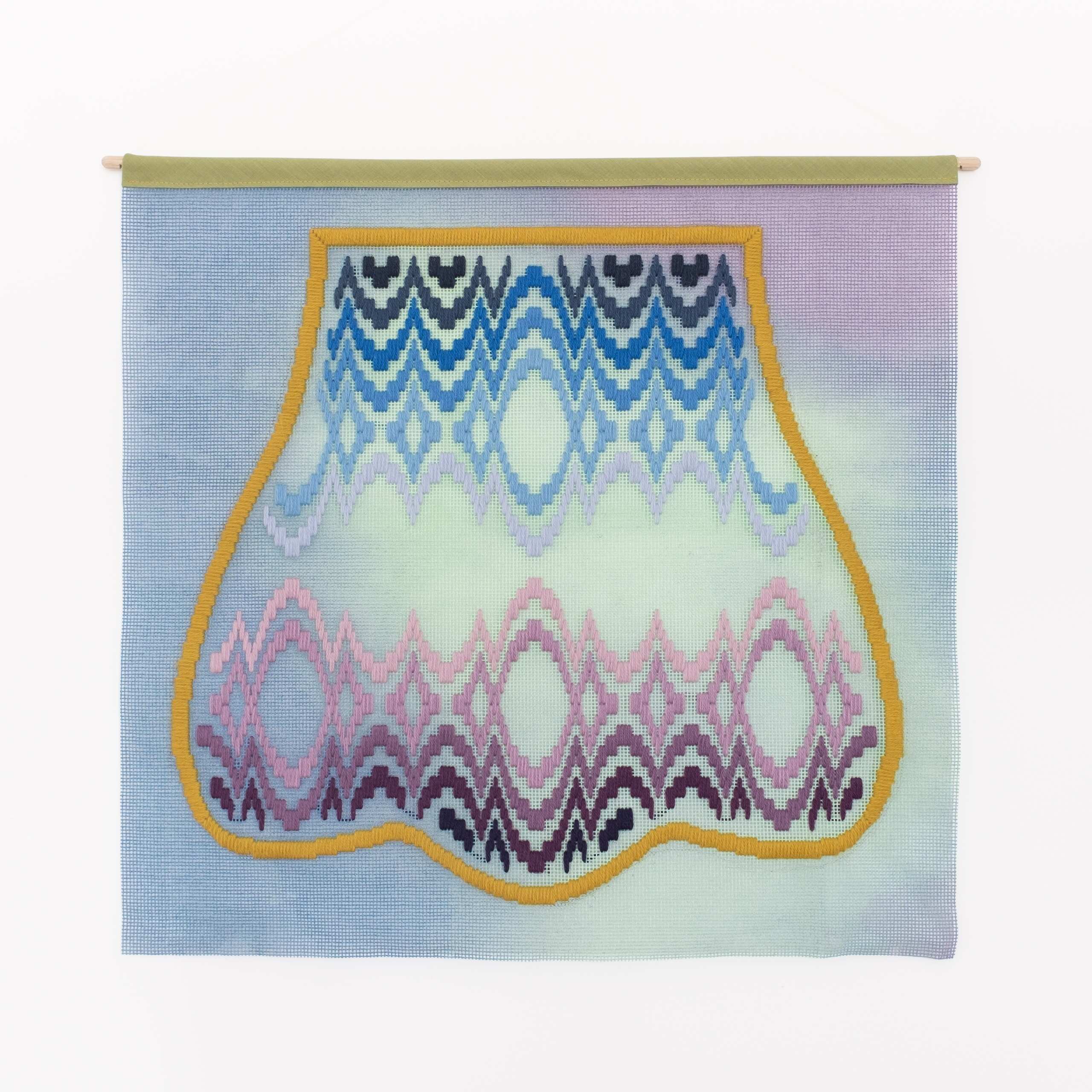 Bloomsbury (scallop chair), Hand-embroidered wool yarn and acrylic paint on canvas, 2021