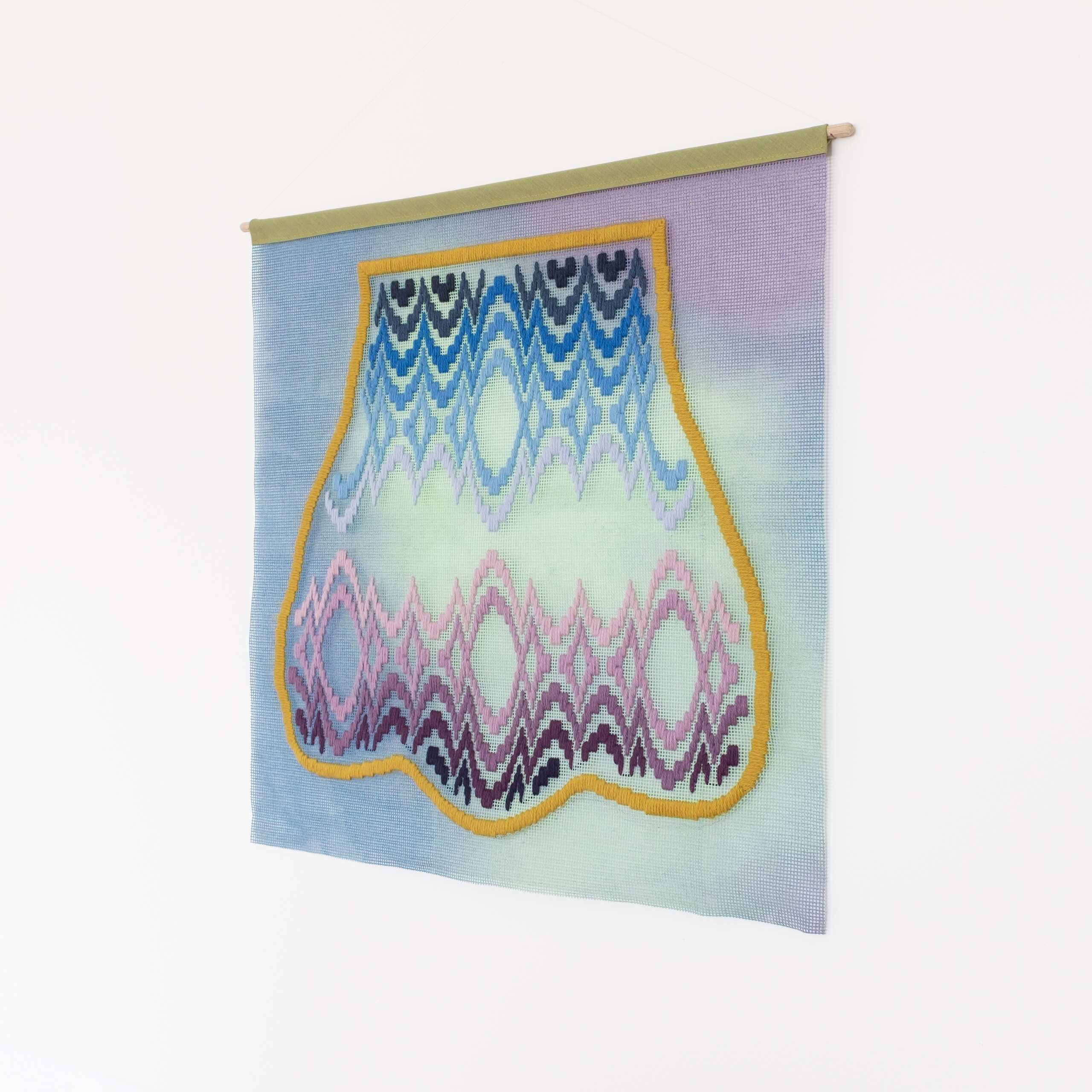Bloomsbury (scallop chair), Hand-embroidered wool yarn and acrylic paint on canvas, 2021