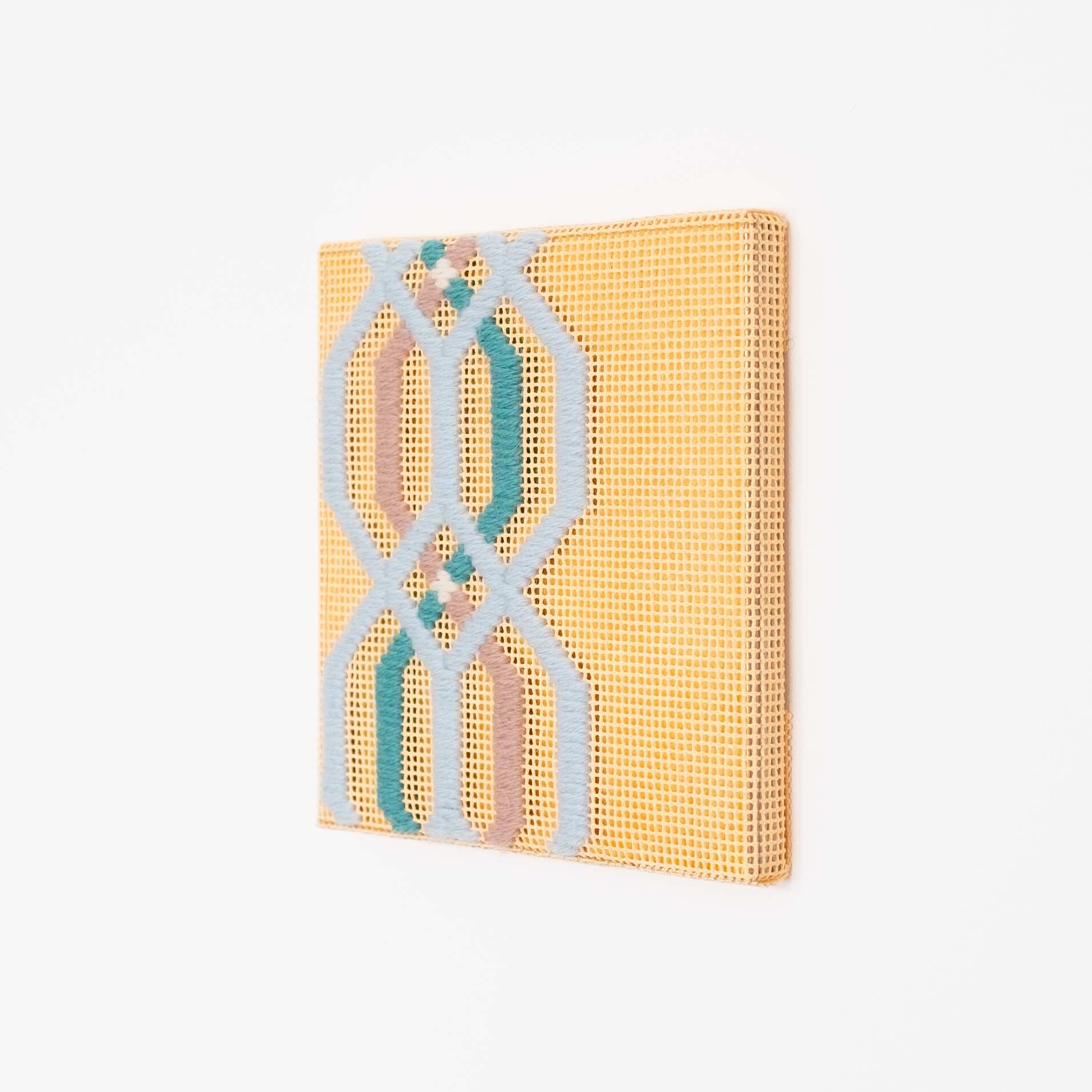 Border fragment [blue-teal-brown on peach], Hand-embroidered wool thread and acrylic paint on canvas over gilded panel, 2021