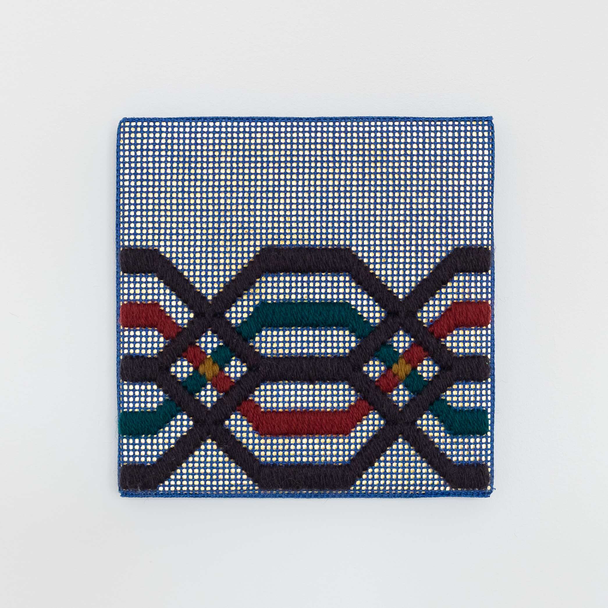 Border fragment [grey-teal-maroon on navy], Hand-embroidered wool thread and acrylic paint on canvas over gilded panel, 2021