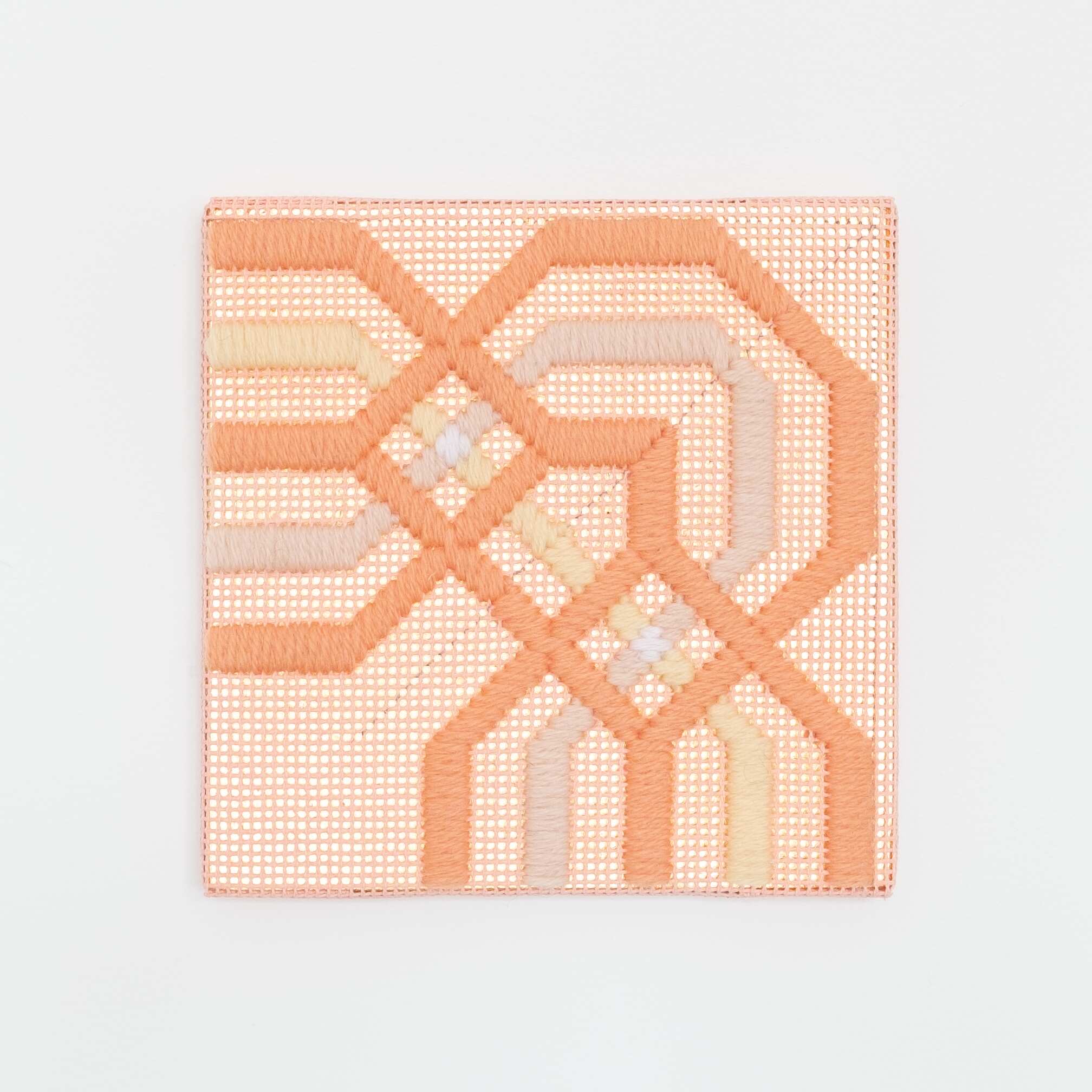 Border fragment [peach-yellow on peach], Hand-embroidered wool thread and acrylic paint on canvas over gilded panel, 2021