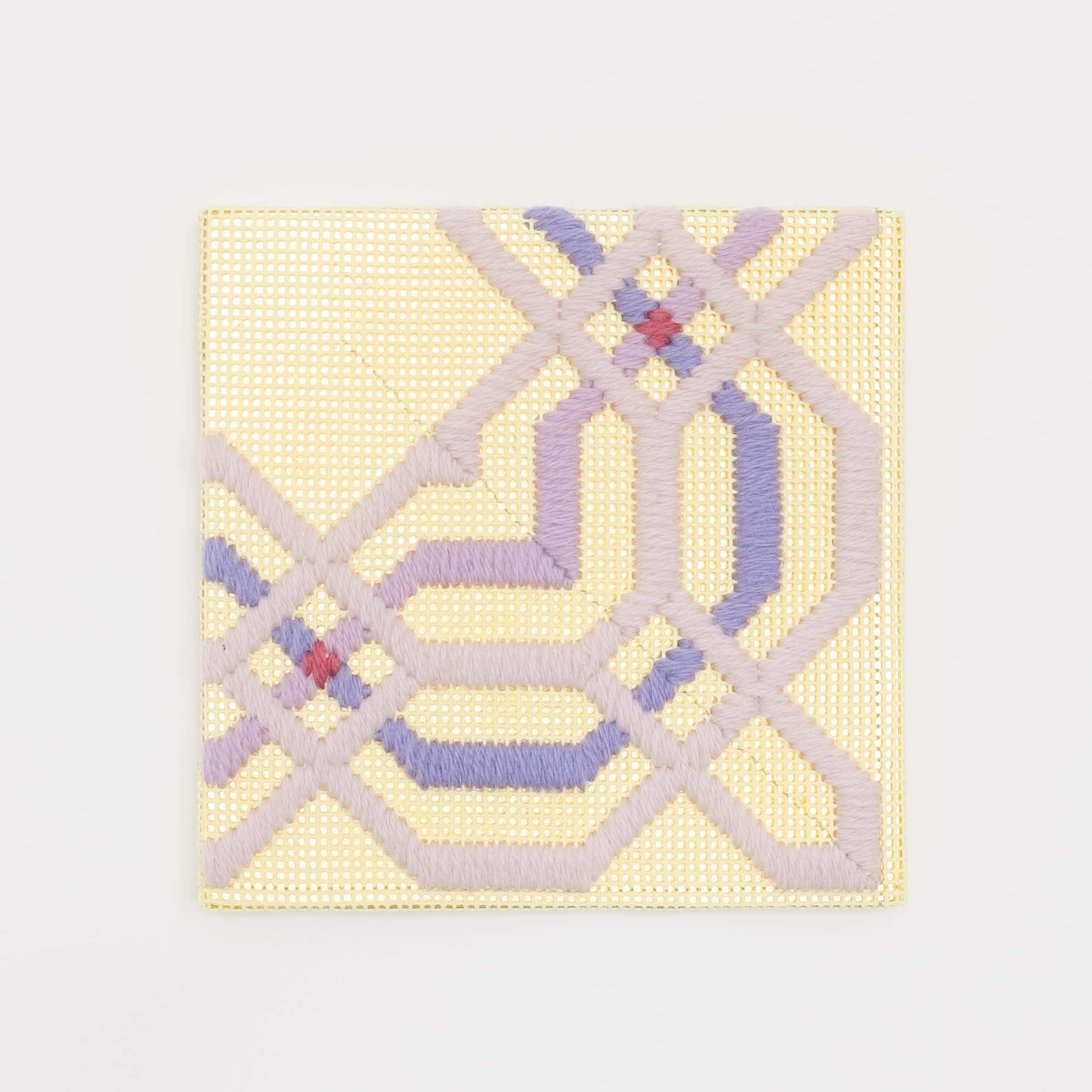 Border fragment [purple on yellow], Hand-embroidered wool thread and acrylic paint on canvas over gilded panel, 2021