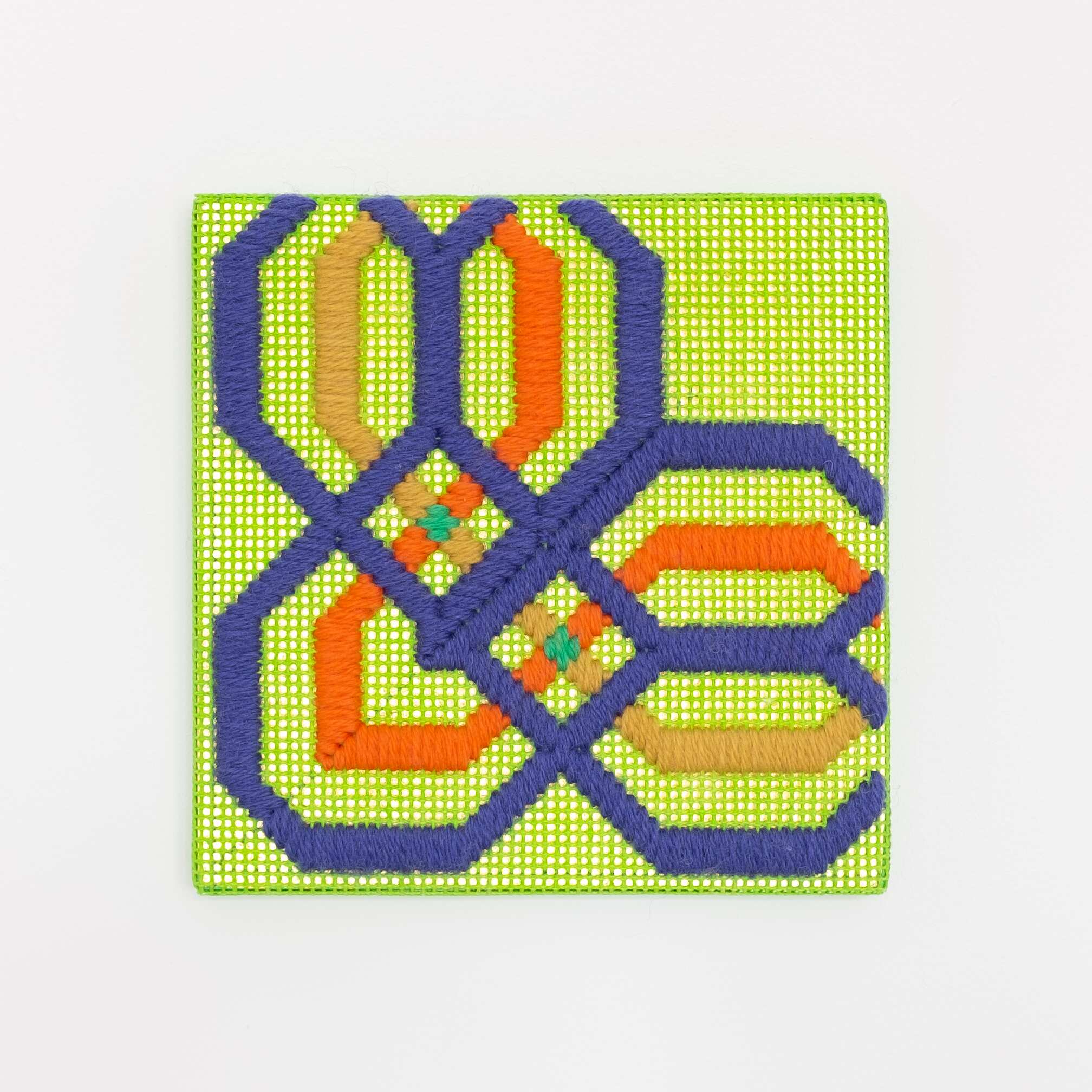 Border fragment [purple-orange-yellow on green], Hand-embroidered wool thread and acrylic paint on canvas over gilded panel, 2021