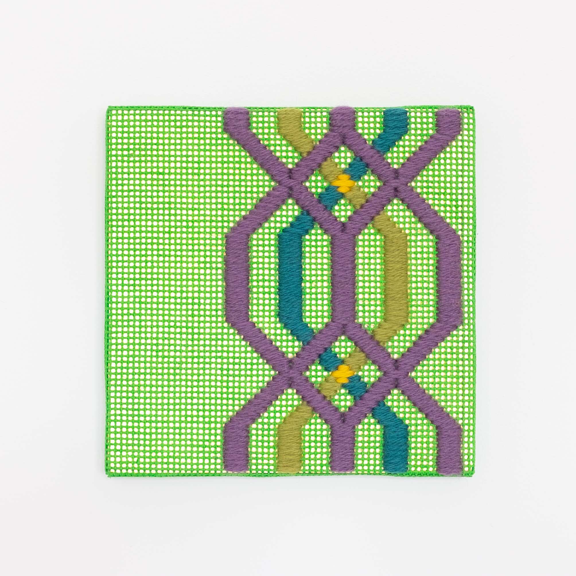 Border fragment [purple-teal-green on green], Hand-embroidered wool thread and acrylic paint on canvas over gilded panel, 2021