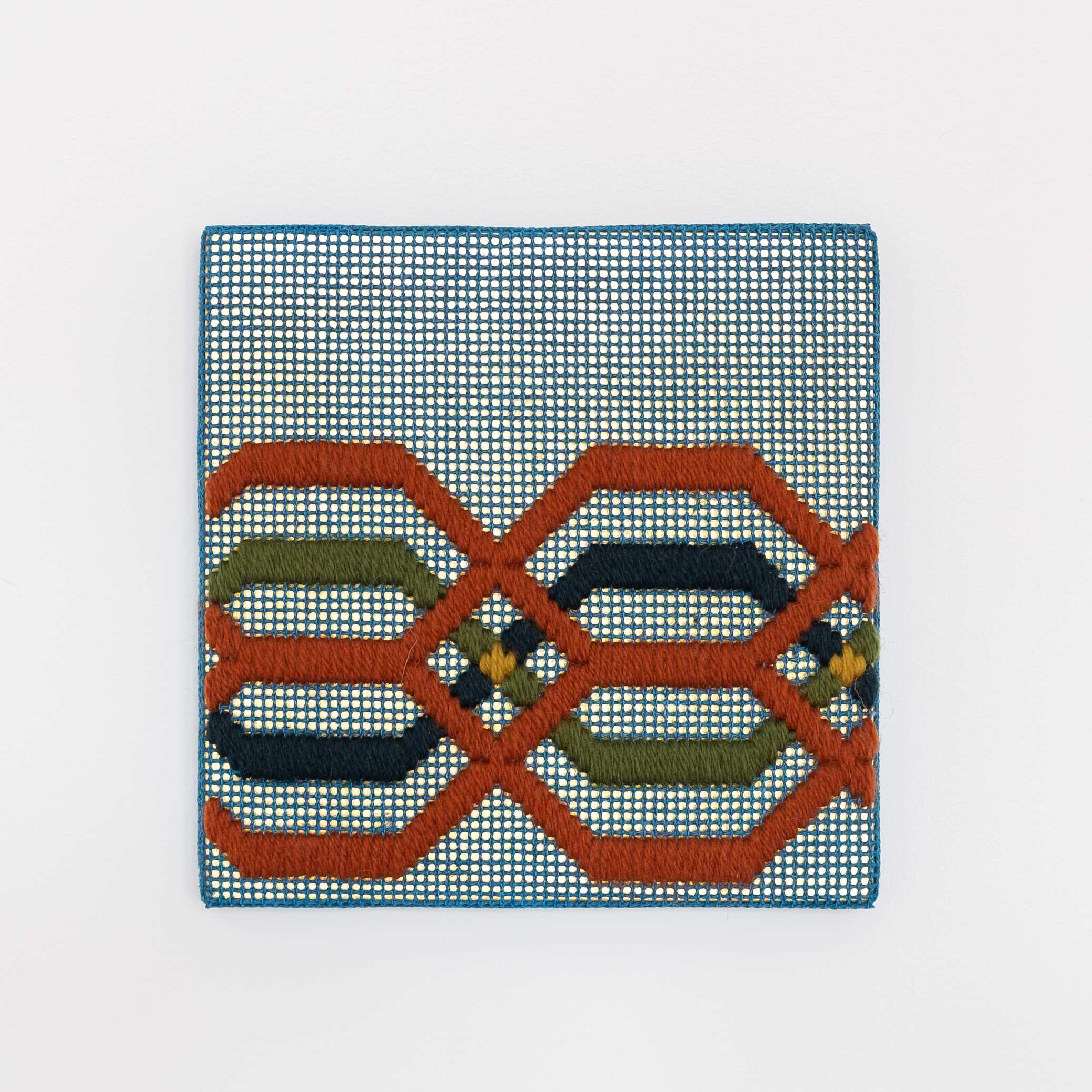 Border fragment [rust-green-blue on blue], Hand-embroidered wool thread and acrylic paint on canvas over gilded panel, 2021