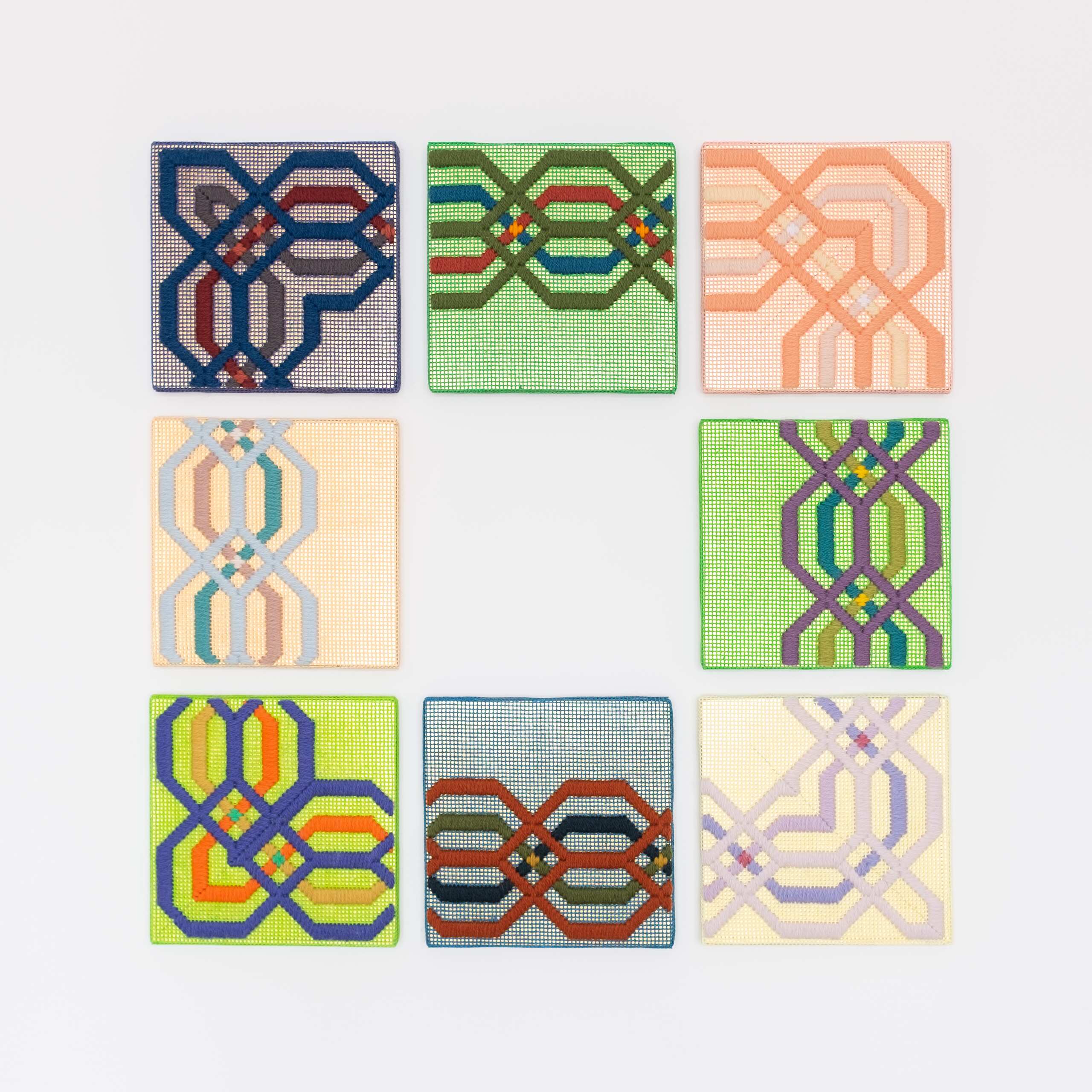 Border fragments [assembly], Hand-embroidered wool thread and acrylic paint on canvas over gilded panel, 2021