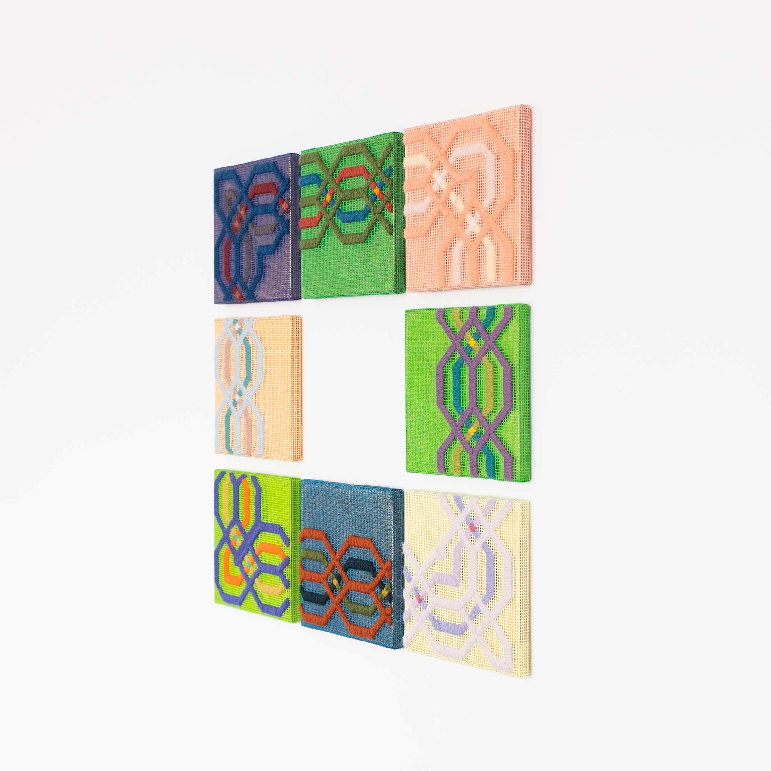 Border fragments [assembly], Hand-embroidered wool thread and acrylic paint on canvas over gilded panel, 2021