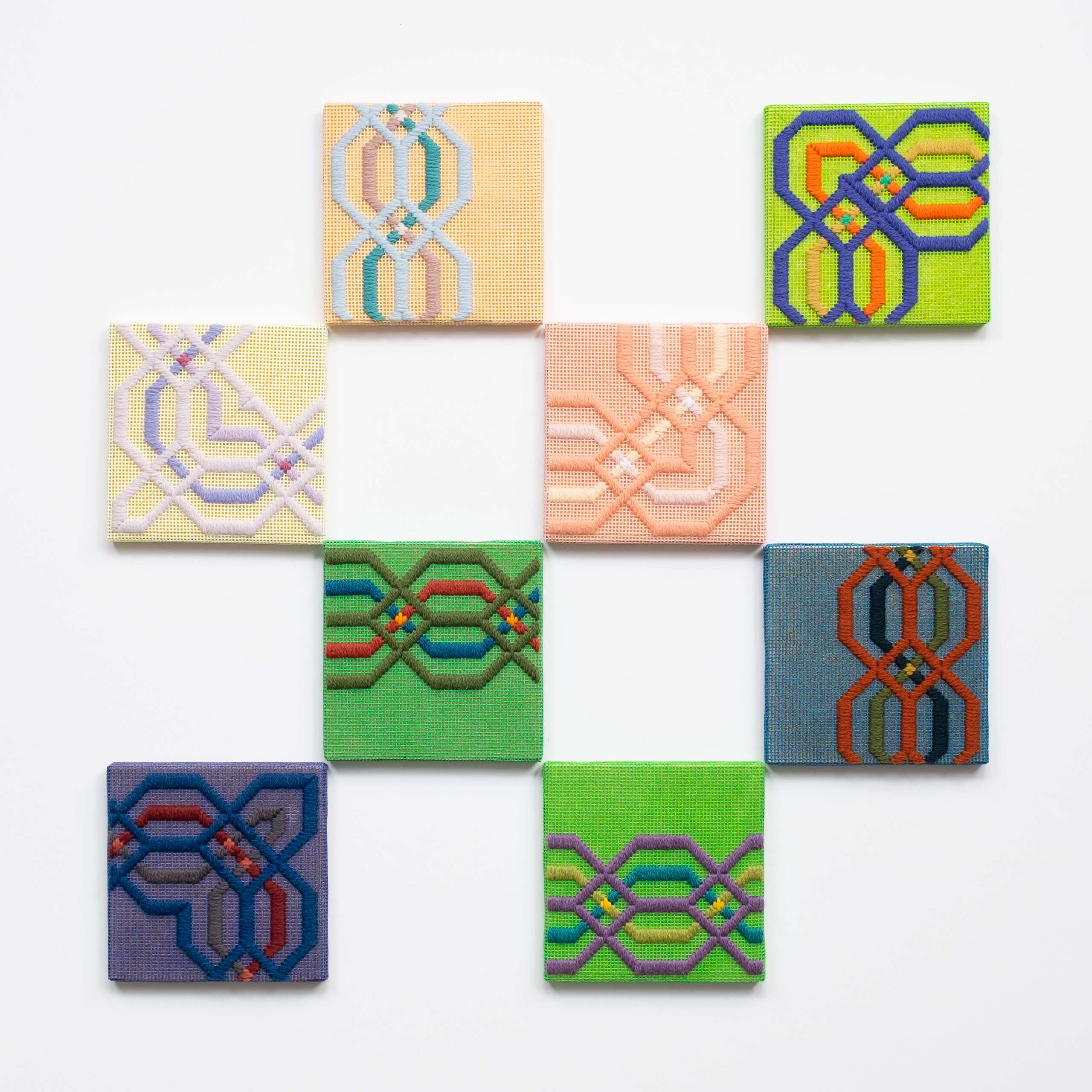 Border fragments [assembly], Hand-embroidered wool thread and acrylic paint on canvas over gilded panel, 2021