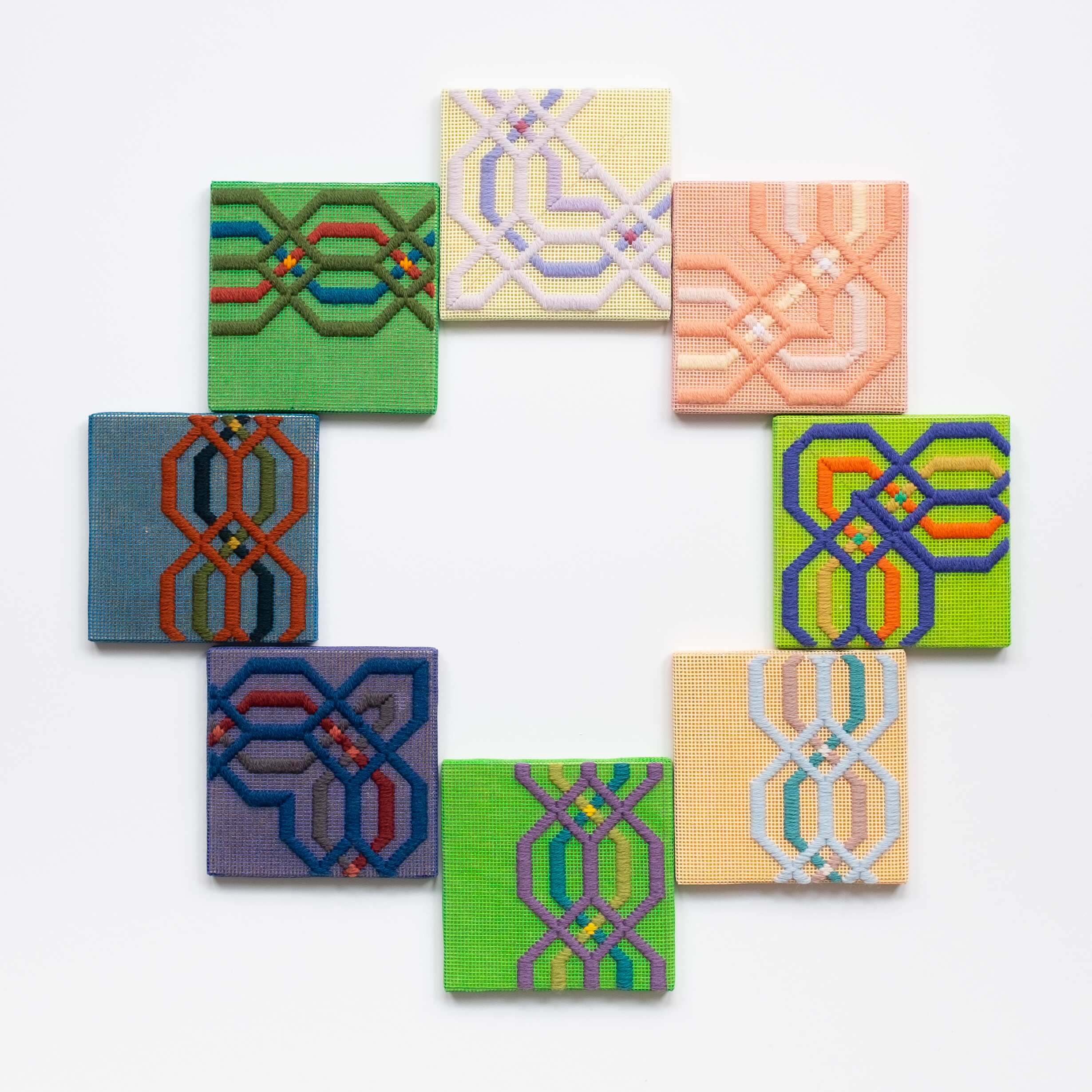 Border fragments [assembly], Hand-embroidered wool thread and acrylic paint on canvas over gilded panel, 2021