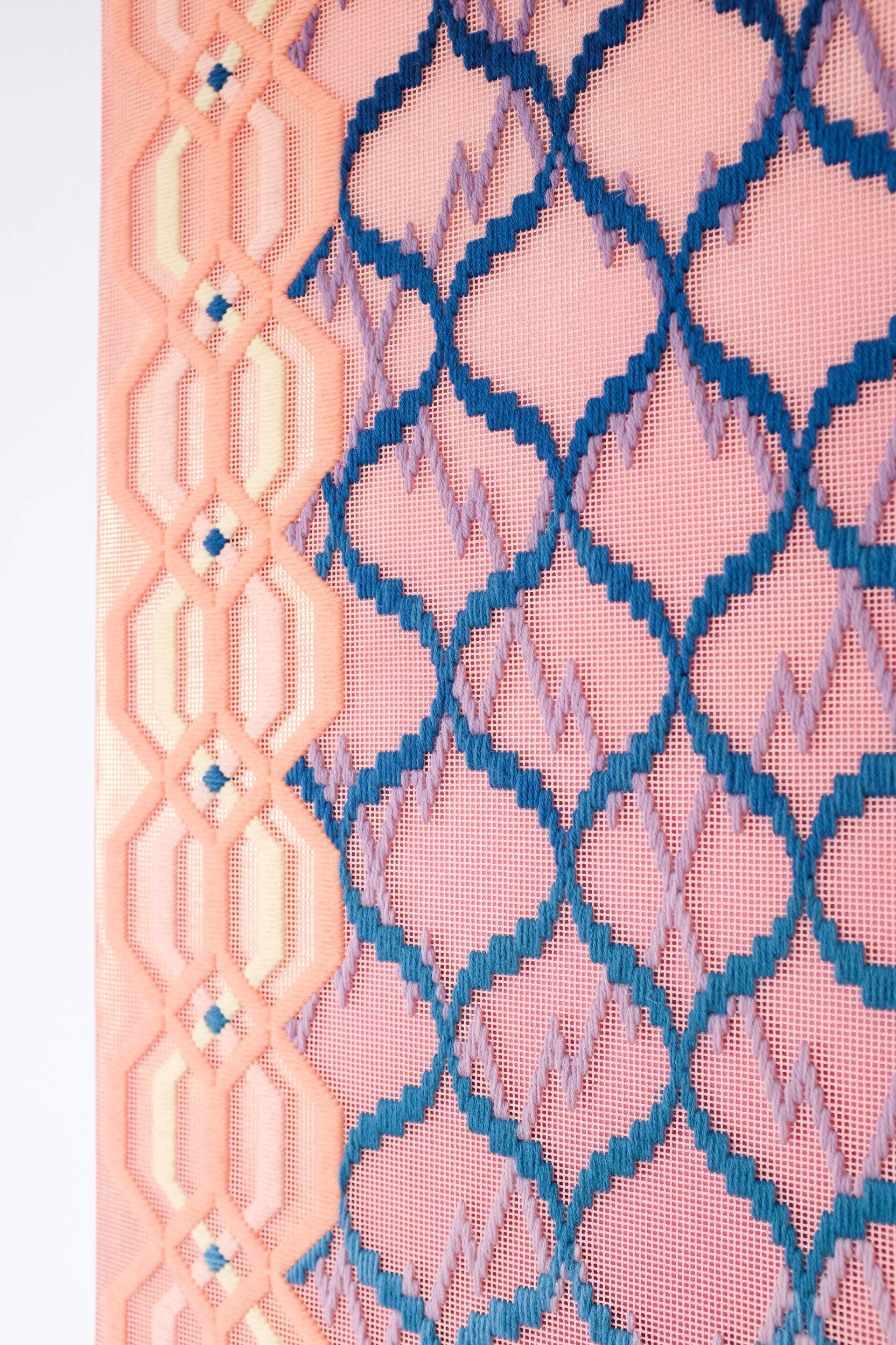 By land or by sea (at an arm's length), Hand-embroidered wool yarn and acrylic paint on canvas over gilded panel, 2021