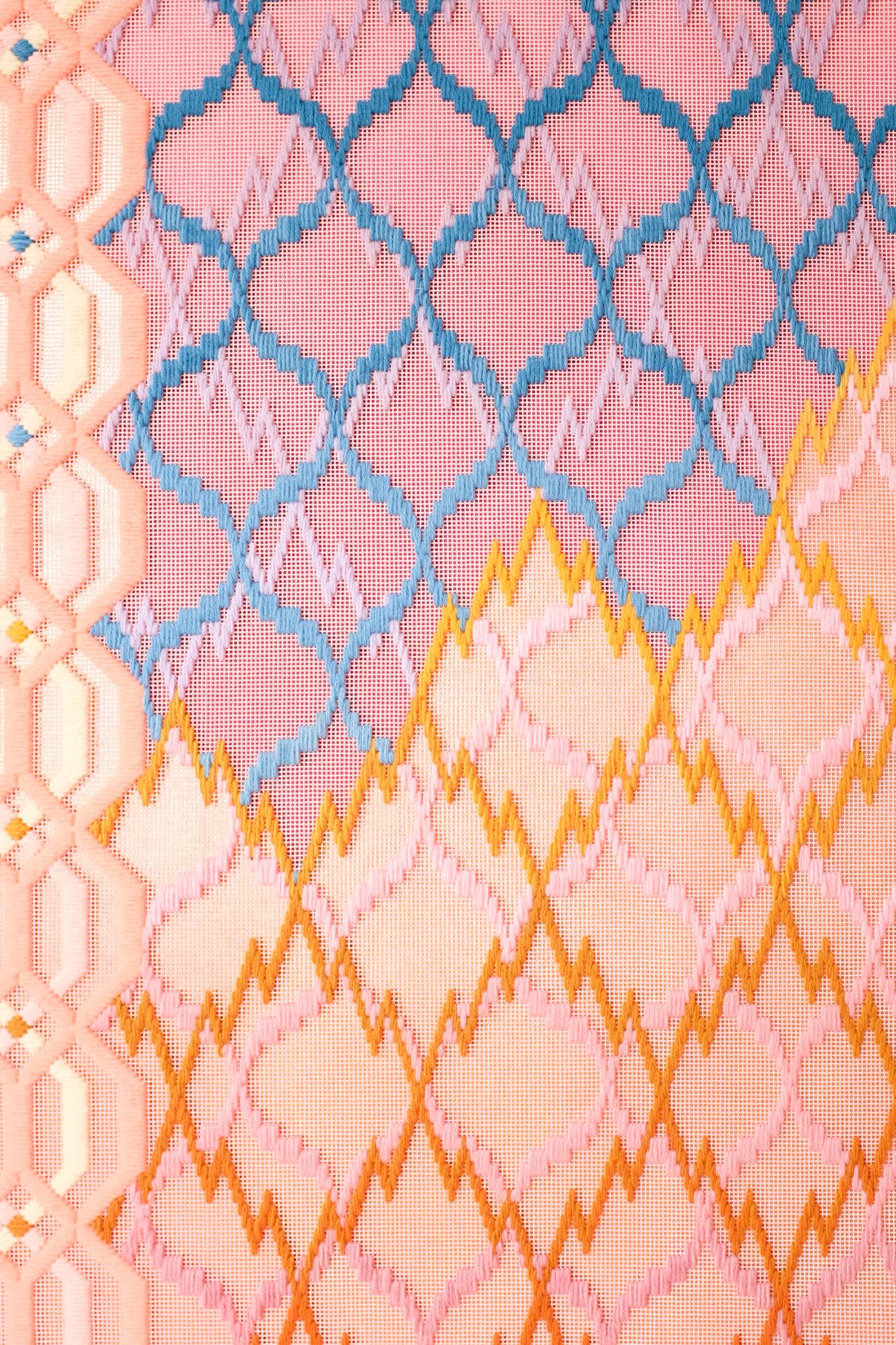 By land or by sea (at an arm's length), Hand-embroidered wool yarn and acrylic paint on canvas over gilded panel, 2021