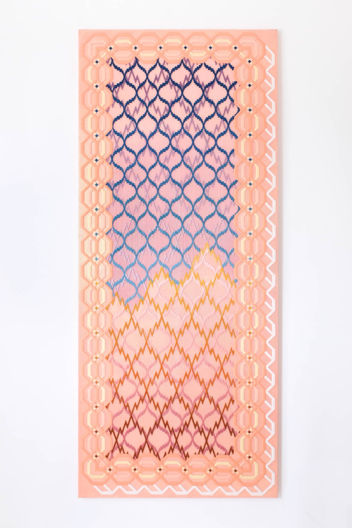 By land or by sea (at an arm's length), Hand-embroidered wool yarn and acrylic paint on canvas over gilded panel, 2021
