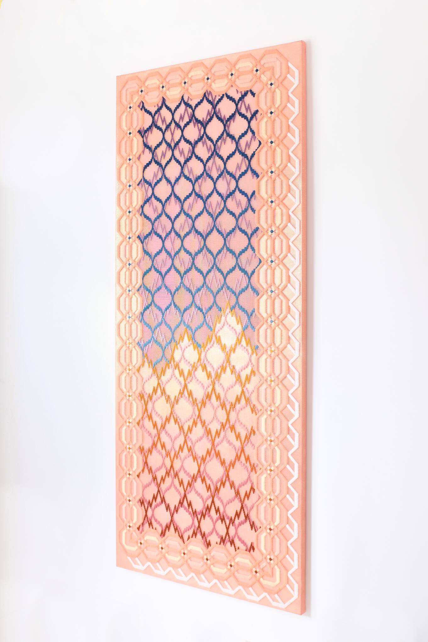 By land or by sea (at an arm's length), Hand-embroidered wool yarn and acrylic paint on canvas over gilded panel, 2021